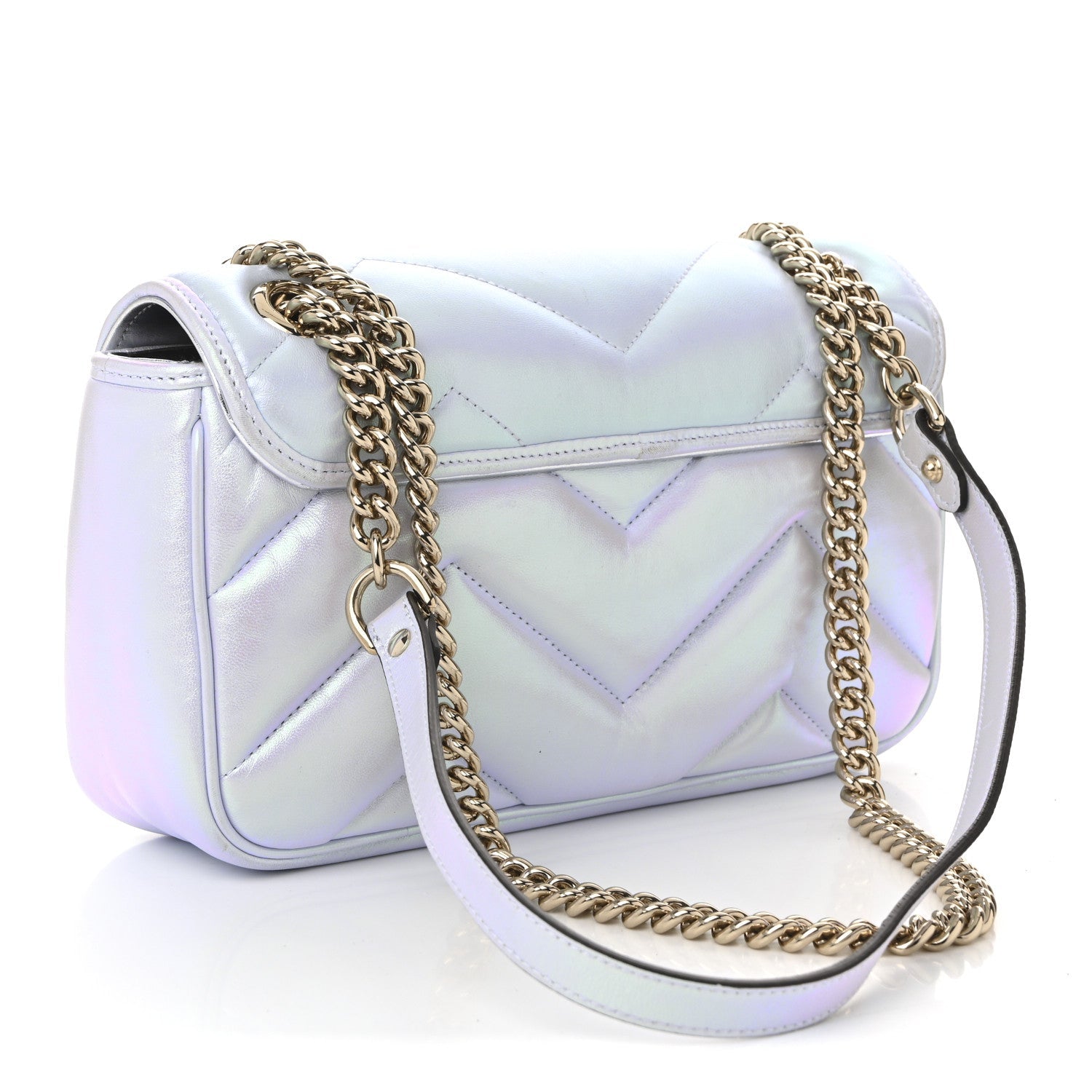Iridescent Nappa Chevron Matelasse Small GG Marmont Shoulder Bag Snow Light Blue