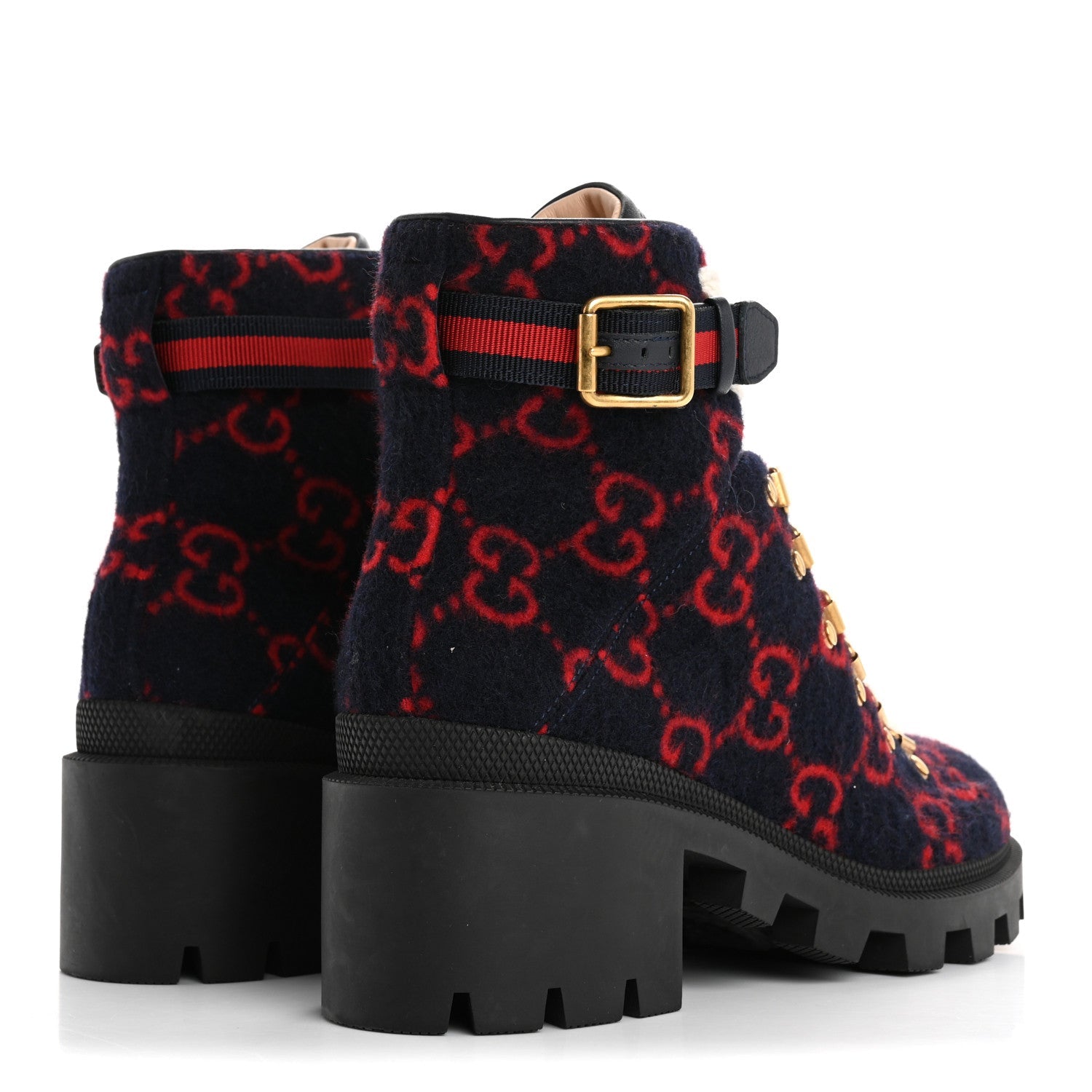 Covered Wool Big GG Monogram Womens Lace Up Combat Ankle Boots 37 Blue Red