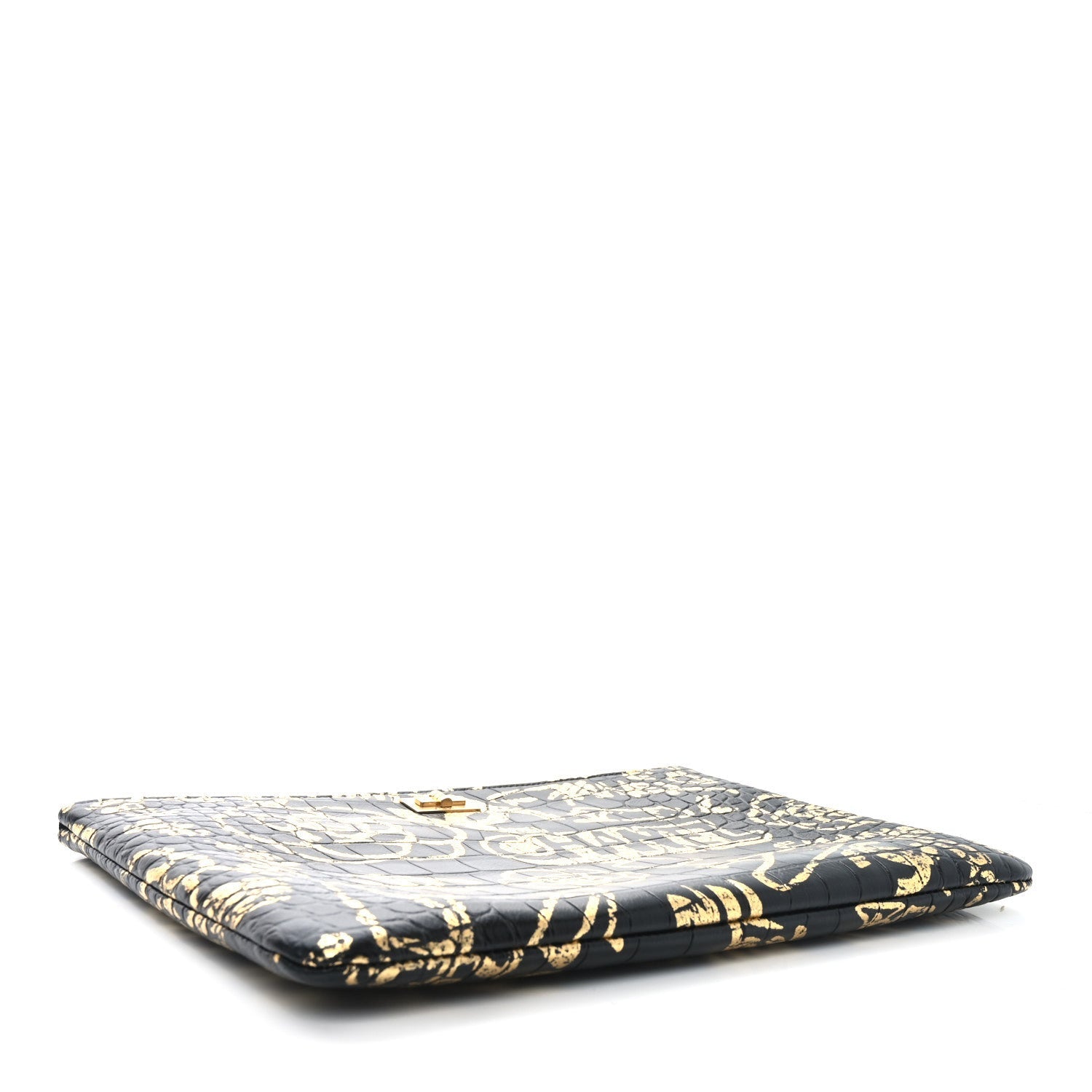 Calfskin Crocodile Embossed Graffiti 2.55 Medium Cocodile Reissue Cosmetic Case Black Gold