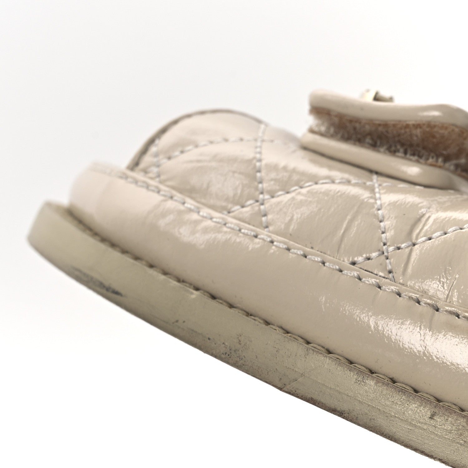 Shiny Calfskin Quilted Velcro Dad Crystal CC Slide Sandals 39 Beige