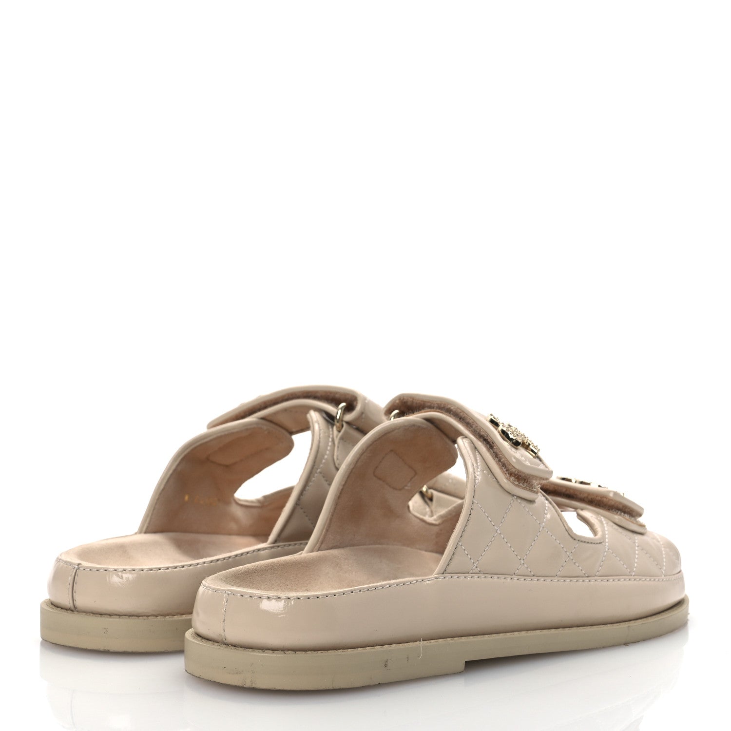 Shiny Calfskin Crystal Quilted Velcro Dad CC Slide Sandals 38 Light Beige