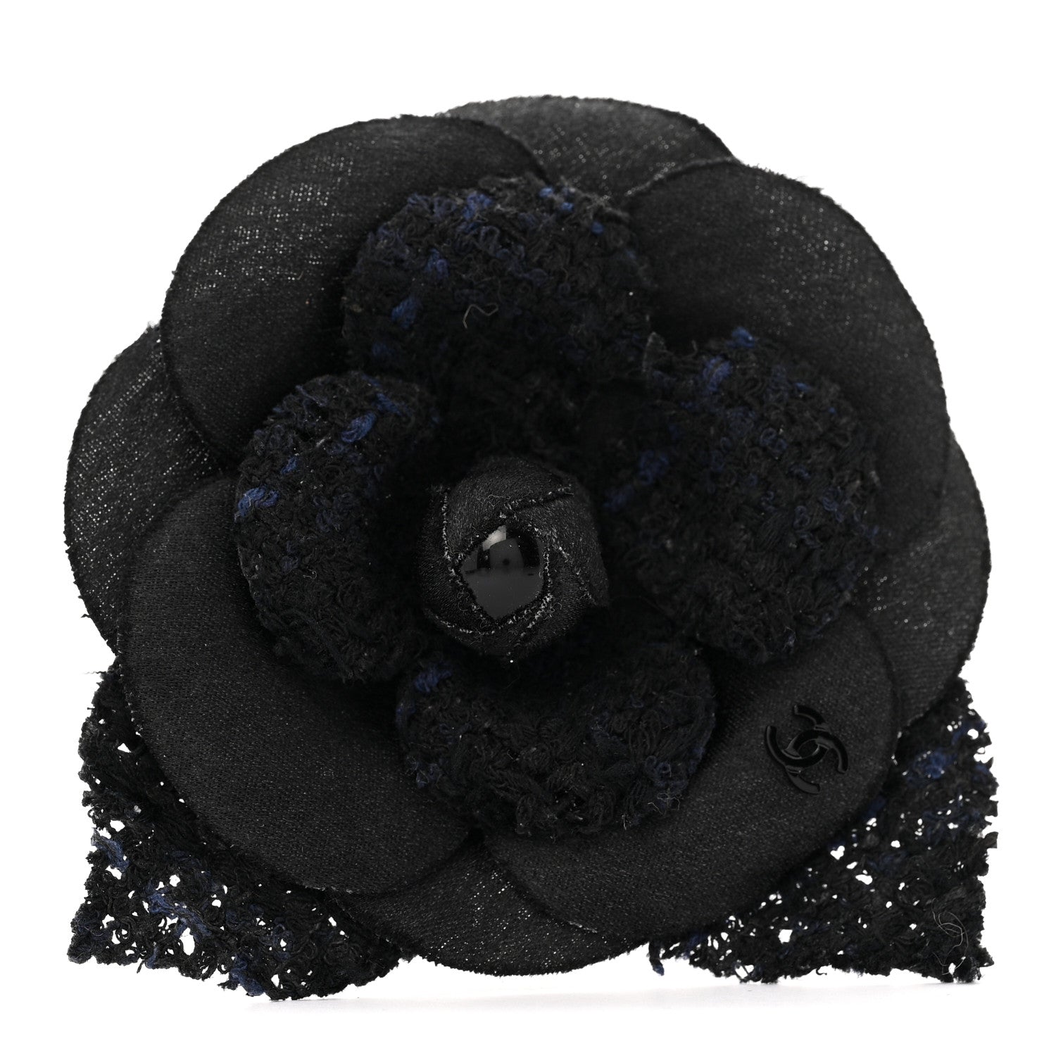 Tweed Camellia Pin Brooch Black