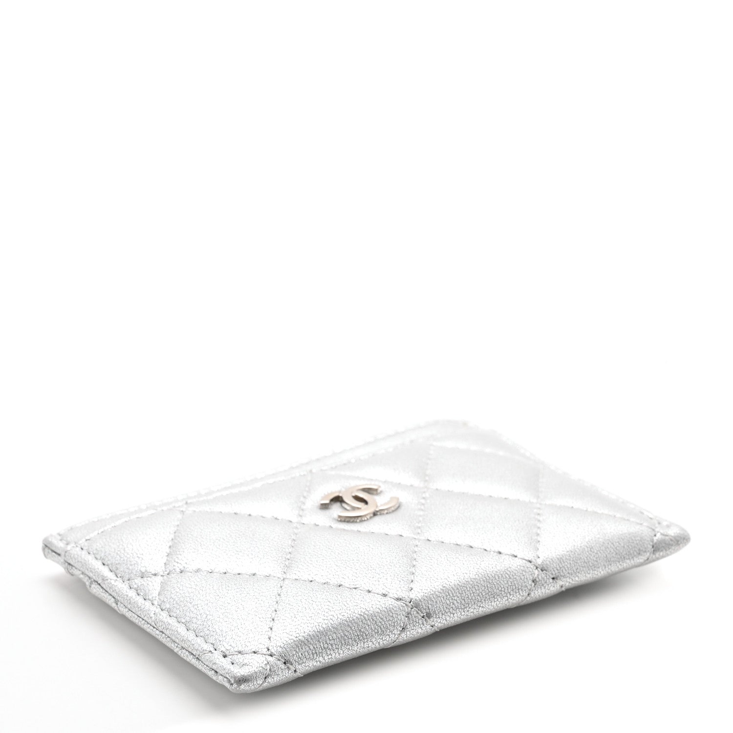 Metallic Lambskin Quilted CC Card Holder Silver
