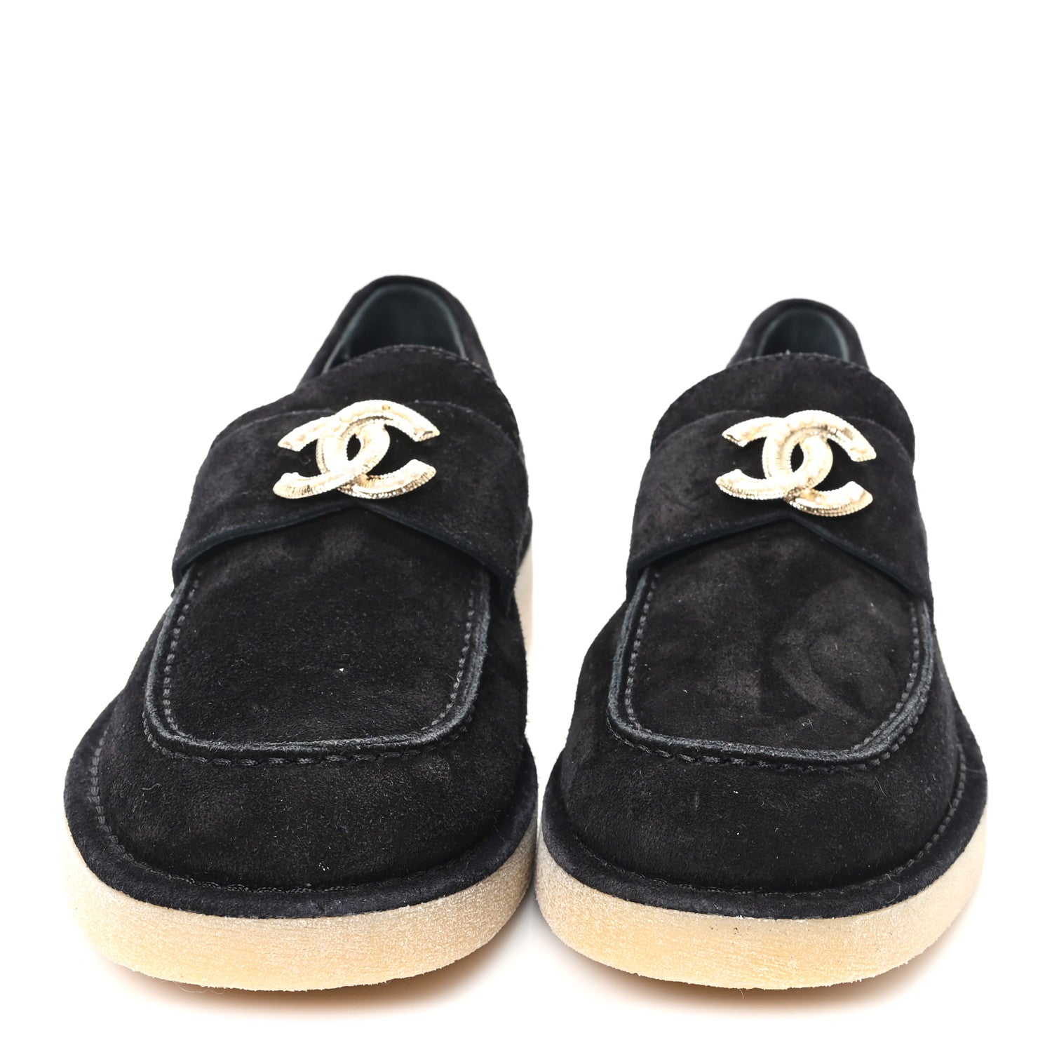 Suede Calfskin Pearl CC Moccasin Loafers 38.5 Black