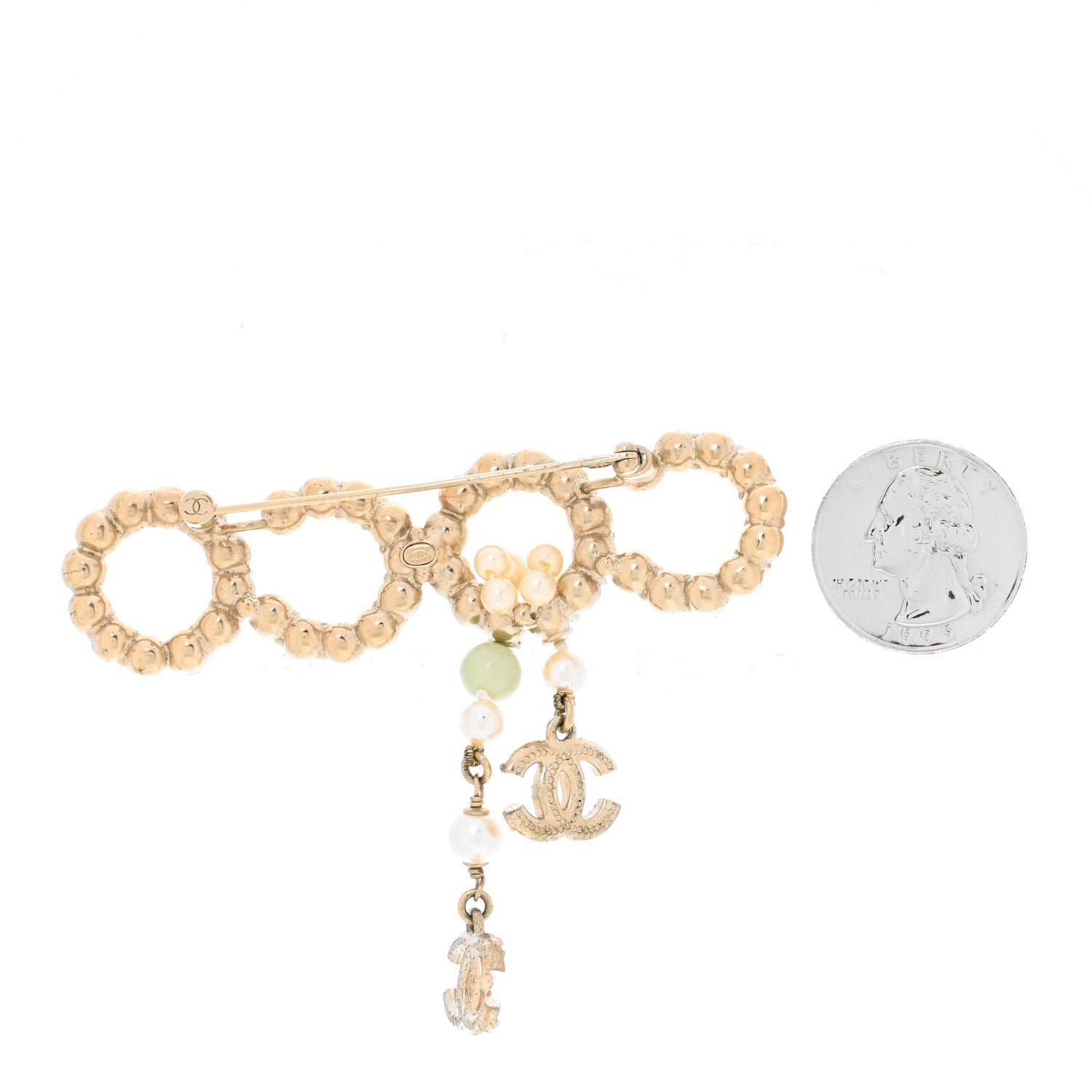 Resin Pearl Crystal Coco Dangling Brooch Gold