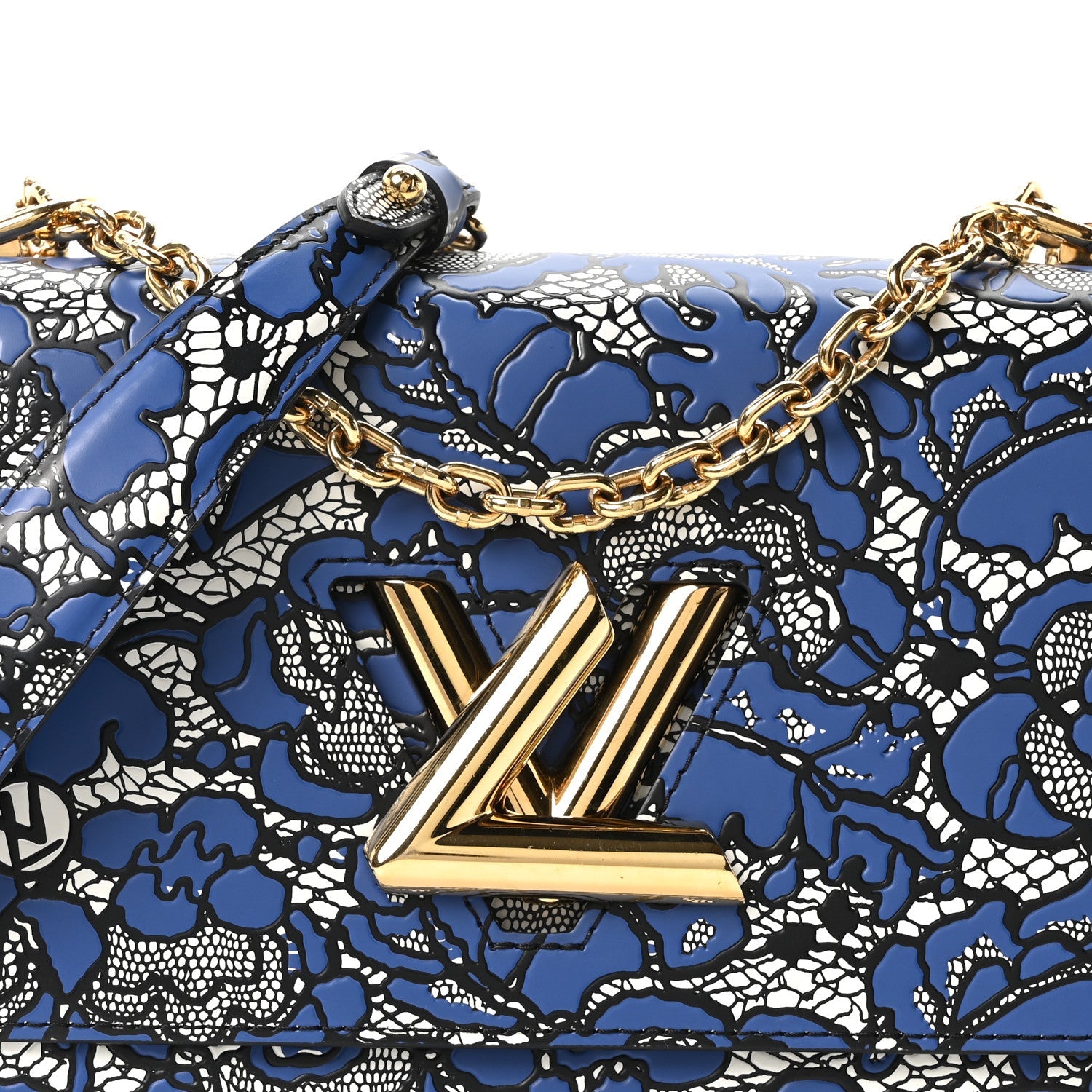 Calfskin Lace Flower Inlay Twist Shoulder Bag MM Navy Black