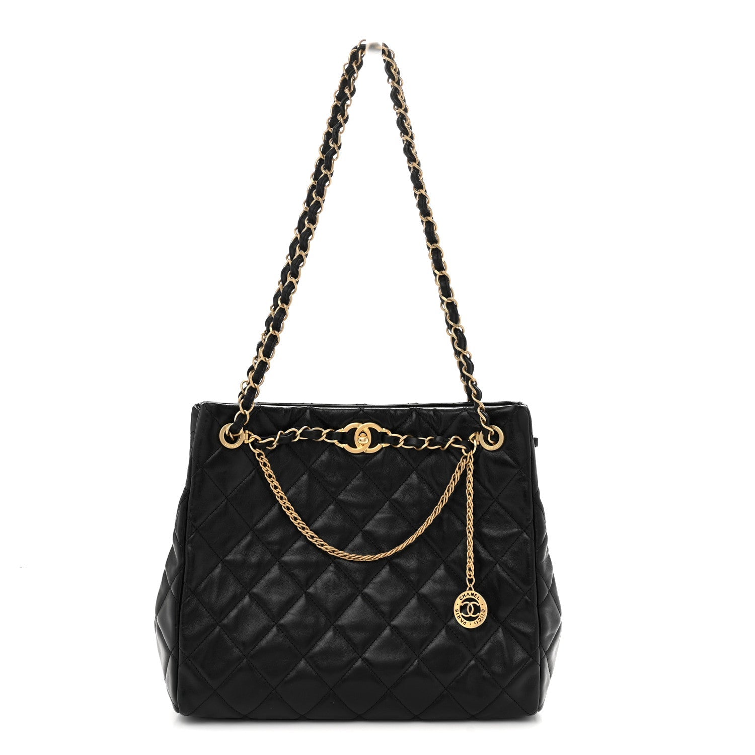 Shiny Calfskin Quilted Fancy Jewel Tote Bag Black