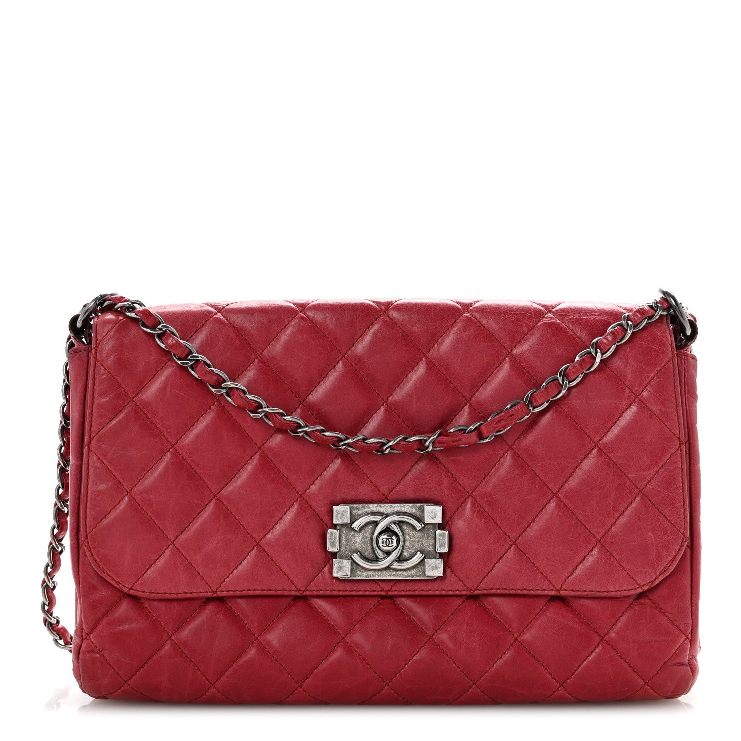 Glazed Calfskin Quilted Soft Boy Flap Red