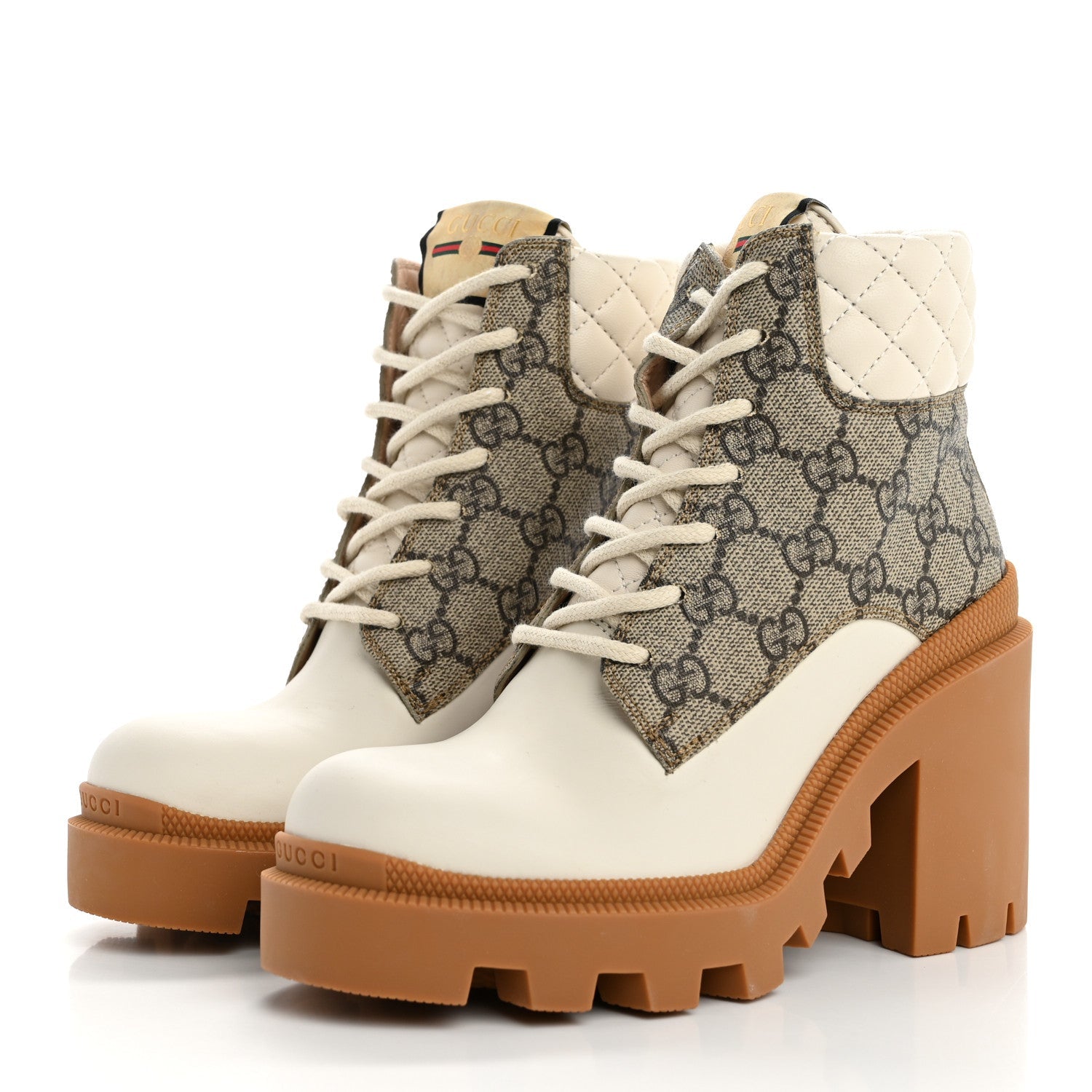 Calfskin GG Supreme Monogram Nappa Quilted Lace Up Ankle Boots 35 Mystic White Beige