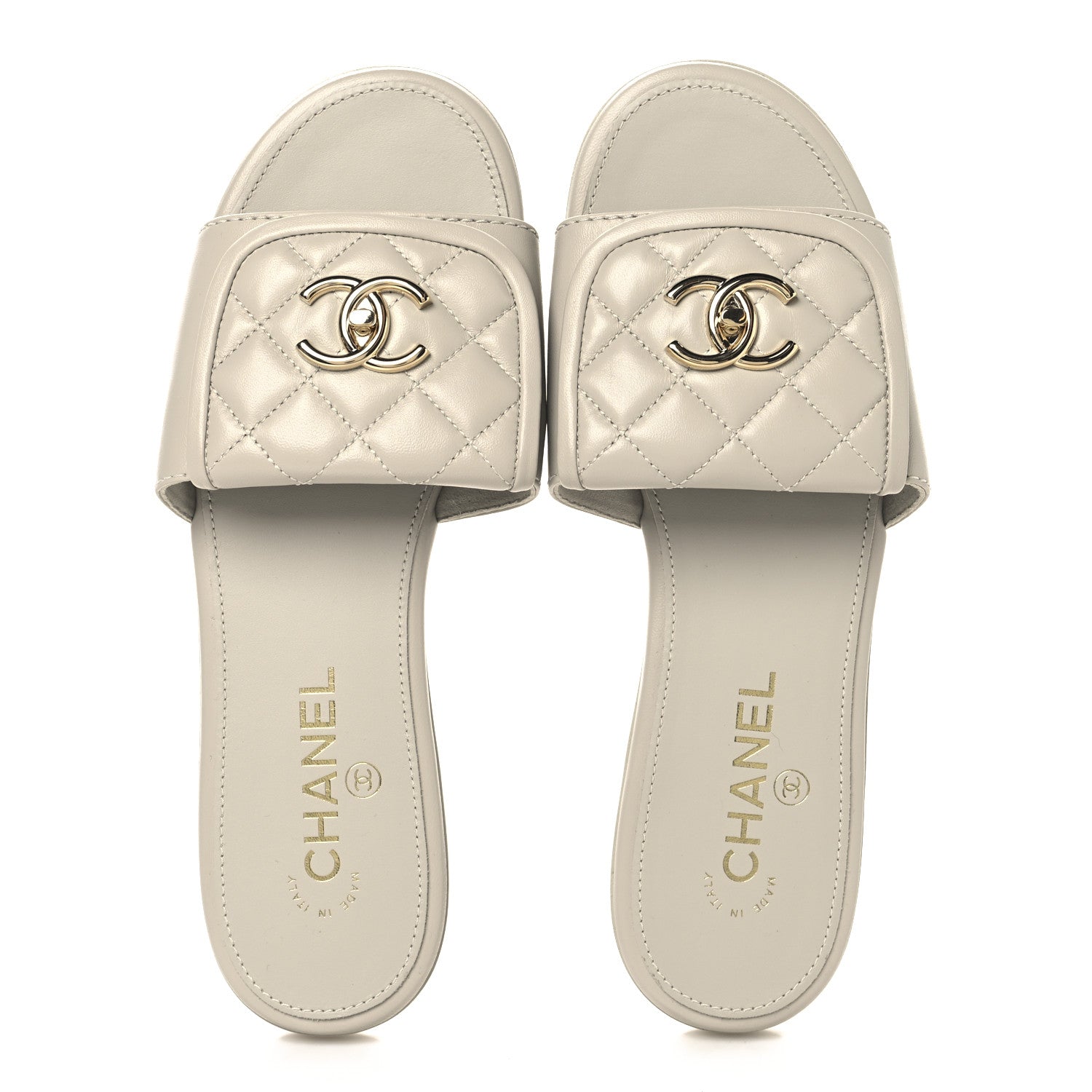 Lambskin Quilted Turnlock Flat Mules 39 Light Grey