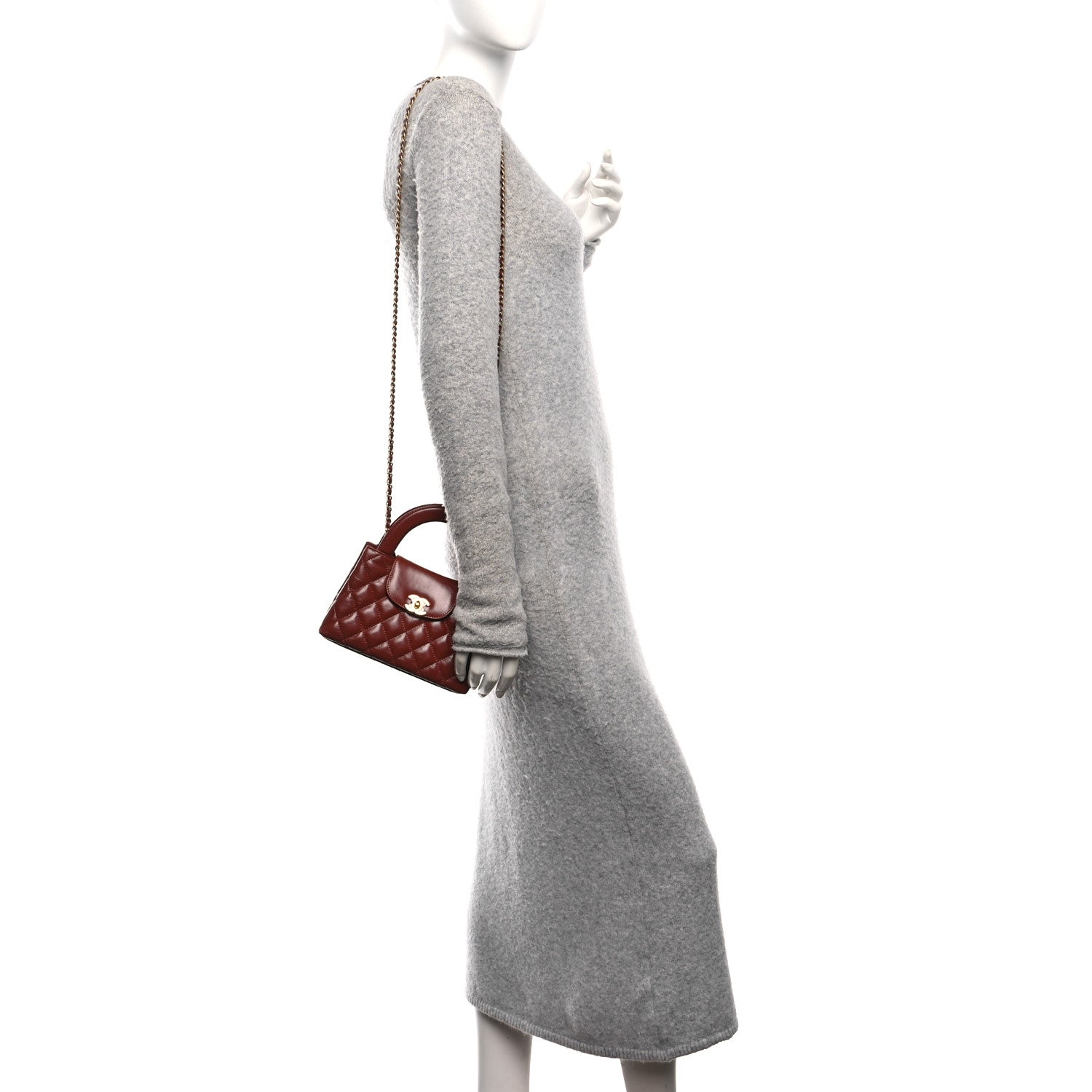 Shiny Aged Calfskin Quilted Nano Kelly Shopper Brown