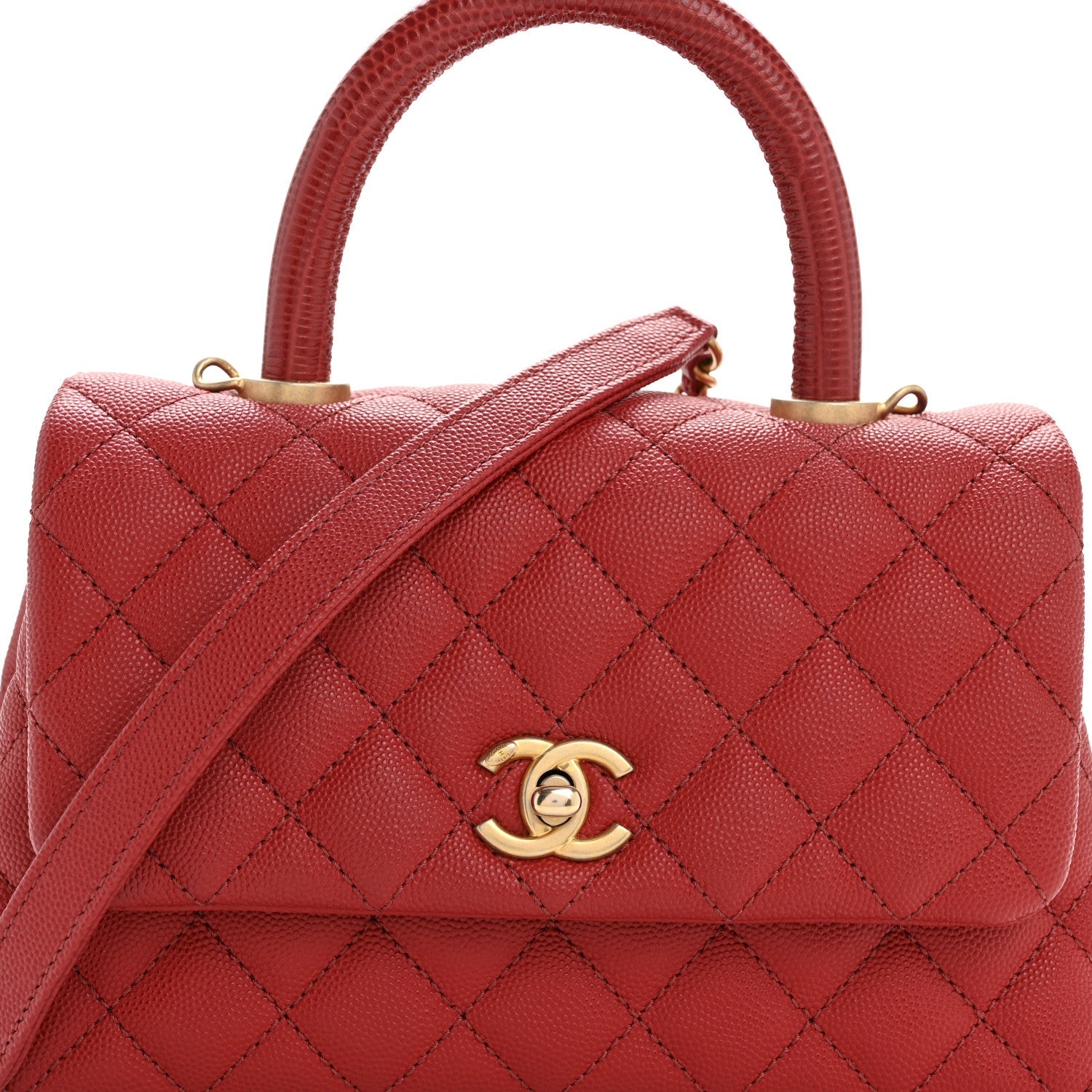 Caviar Lizard Embossed Quilted Mini Coco Handle Flap Red