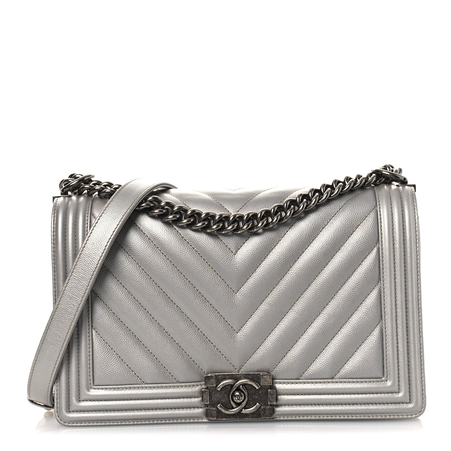 Metallic Caviar Chevron Quilted New Medium Boy Flap Silver