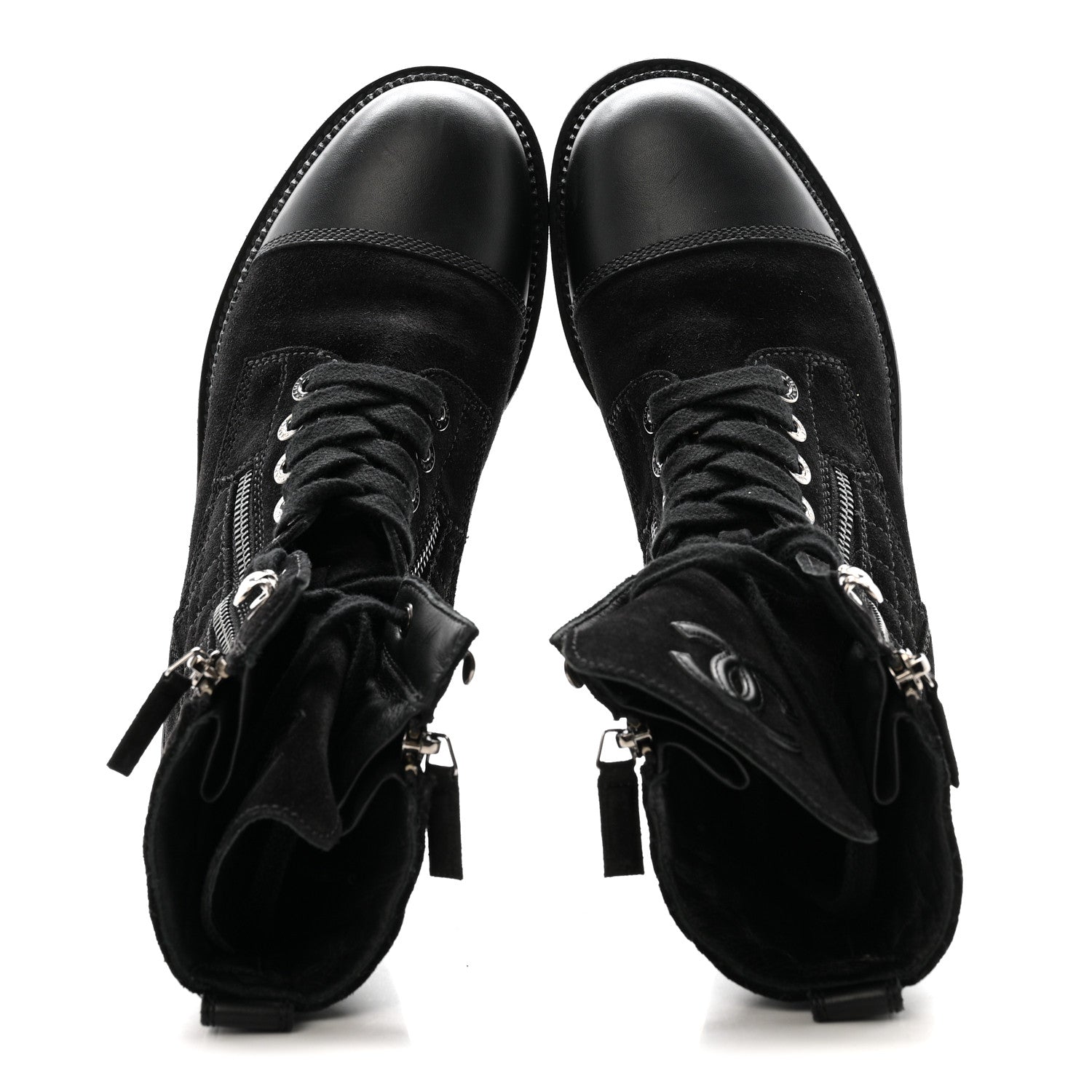 Suede Calfskin Quilted Lace Up Boots 38 Black