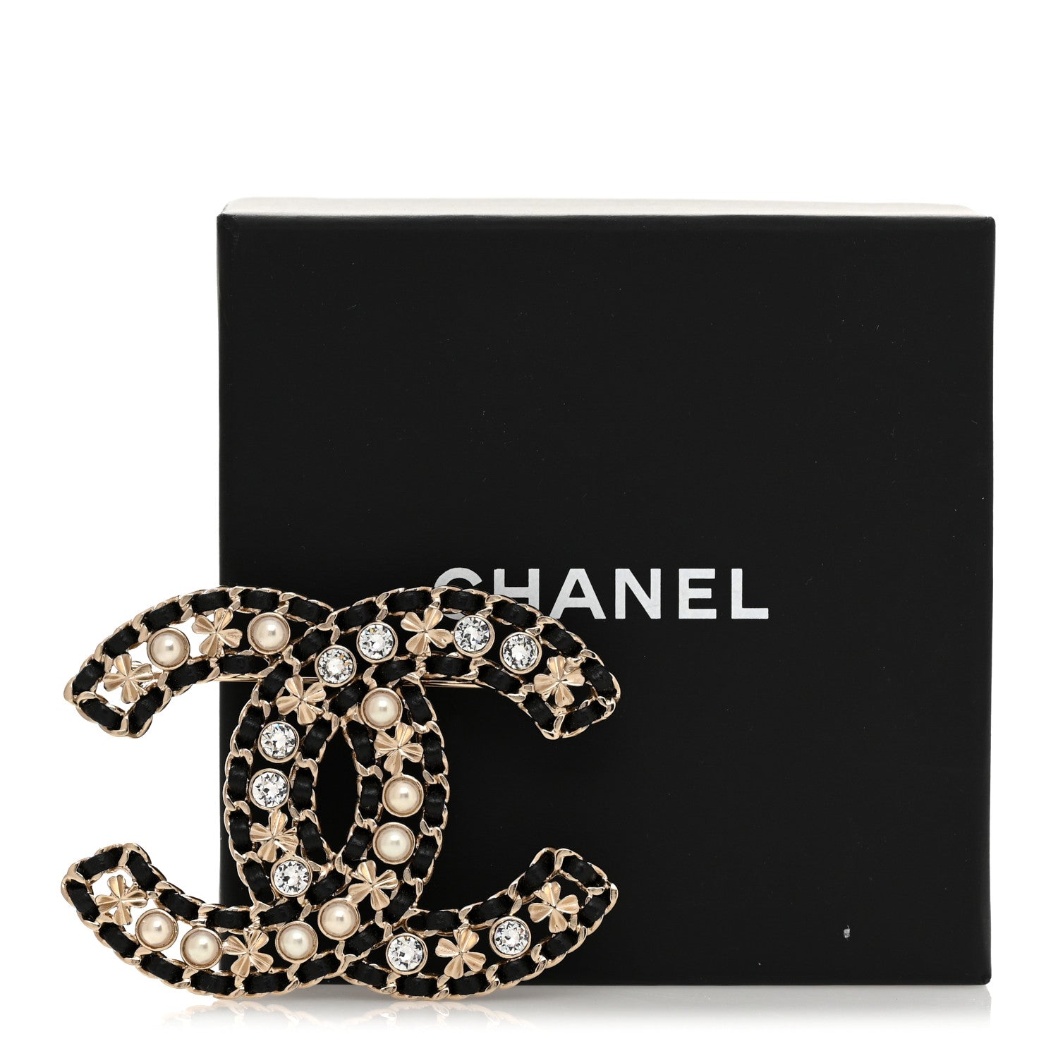 Lambskin Pearl Crystal CC Brooch Gold Black
