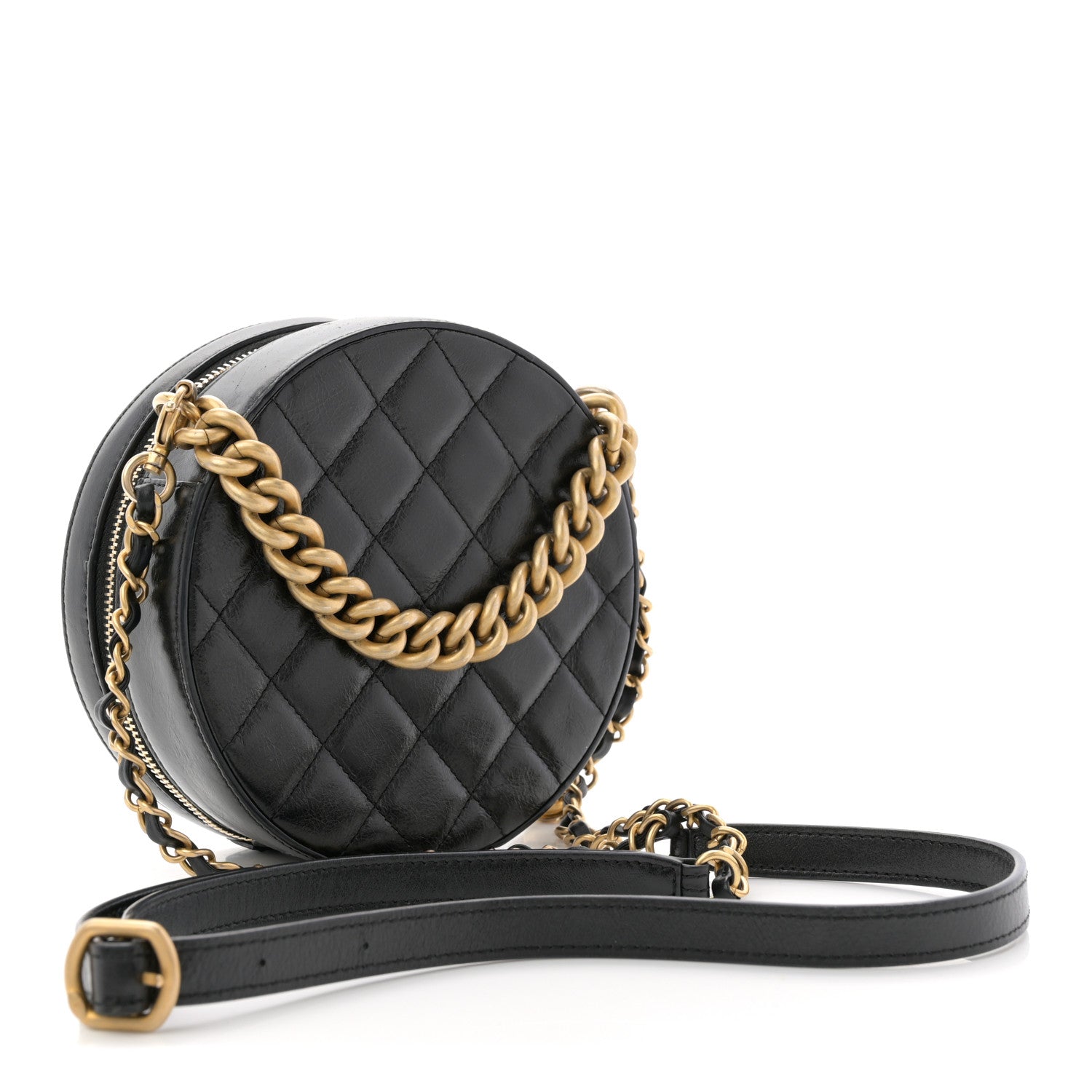 Glazed Calfskin Round As Earth Evening Bag Black