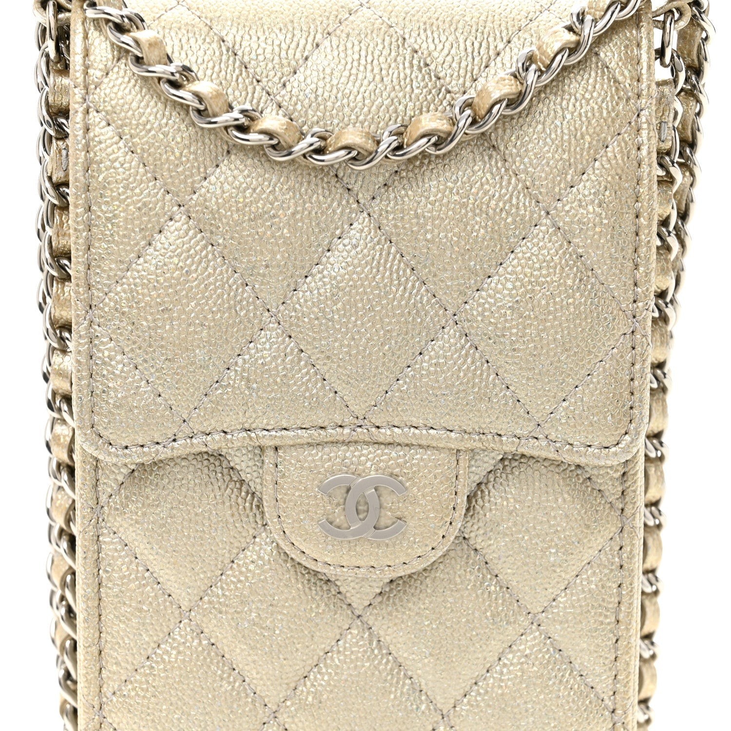 Metallic Caviar Quilted Classic Phone Holder Gold