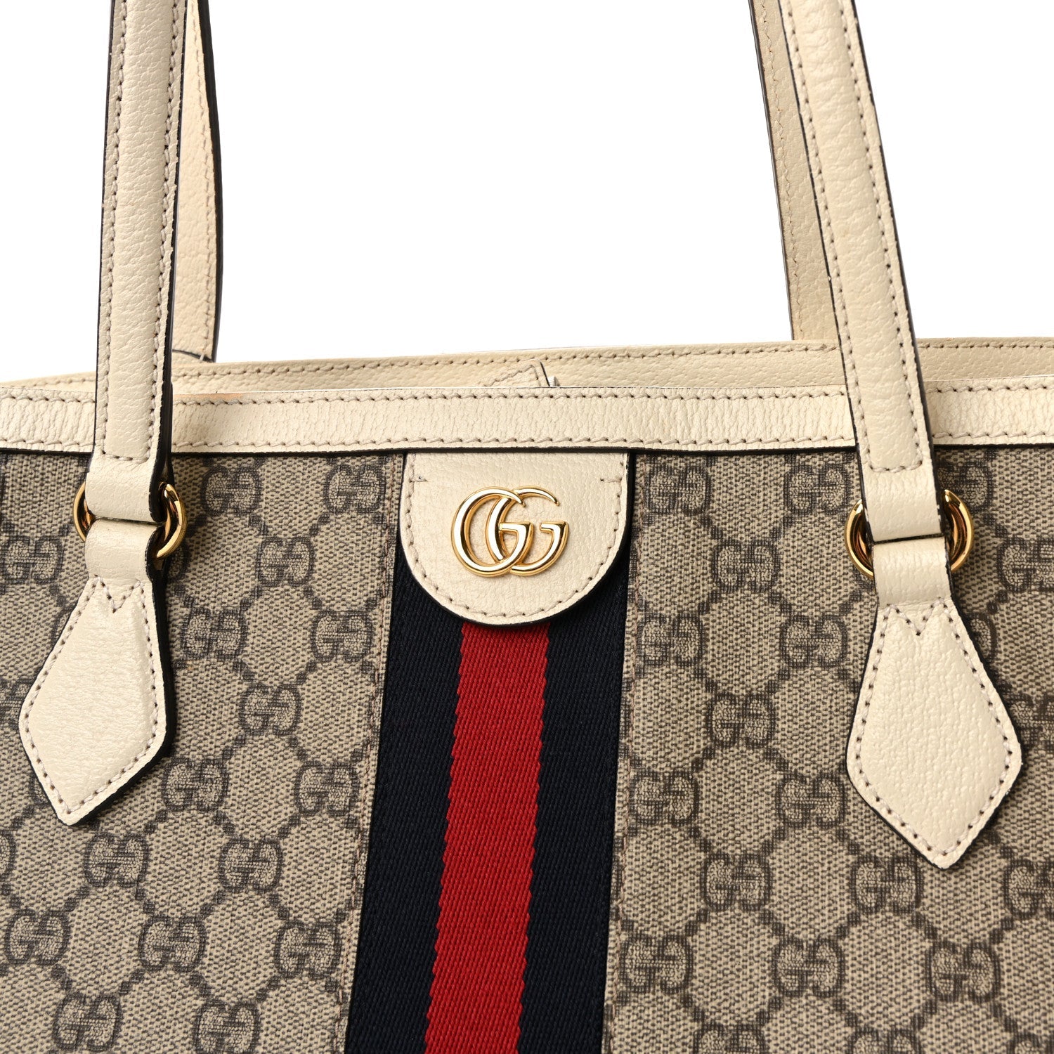 GG Supreme Monogram Textured Dollar Calfskin Web Medium Ophidia Shopping Tote Beige Ebony Mystic White