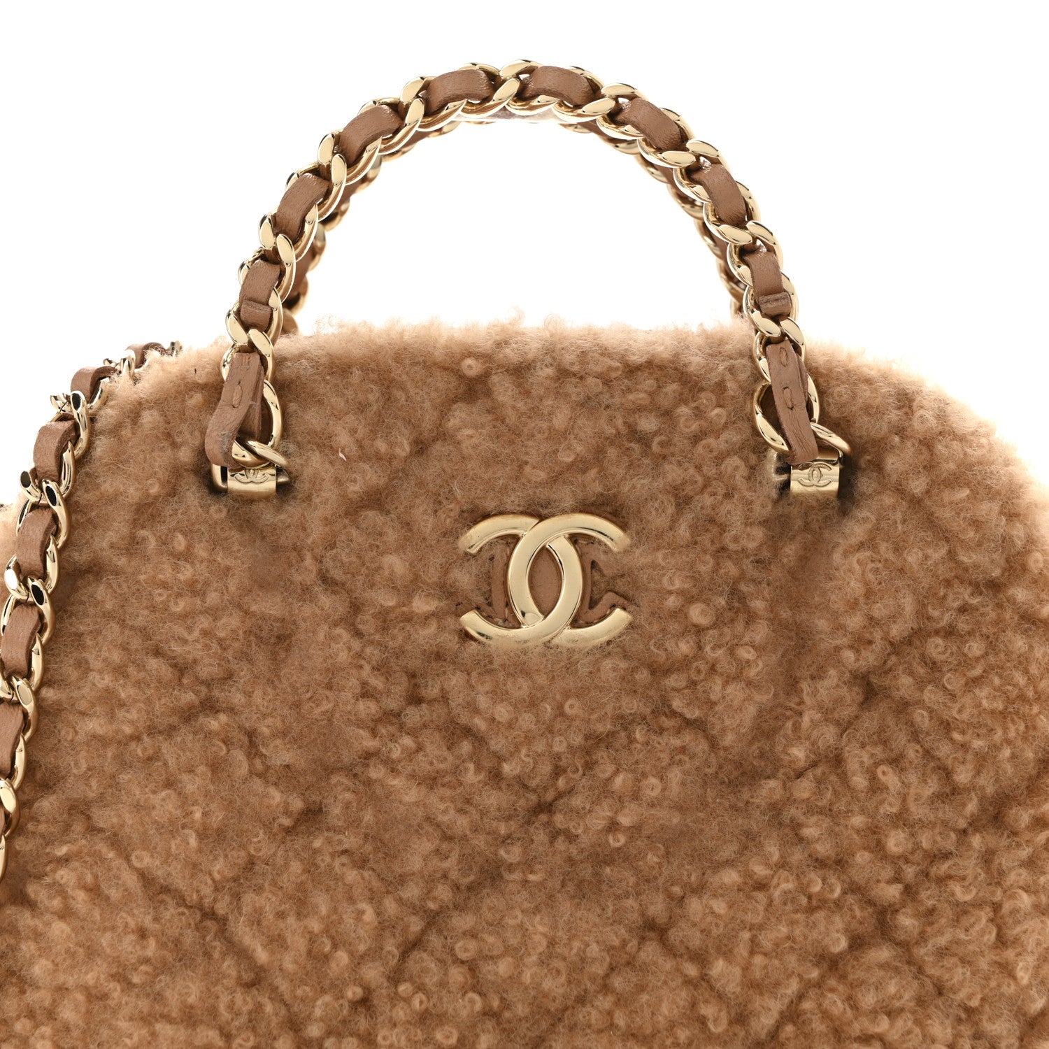 Shearling Quilted Shiny Coco Clutch With Chain Dark Beige