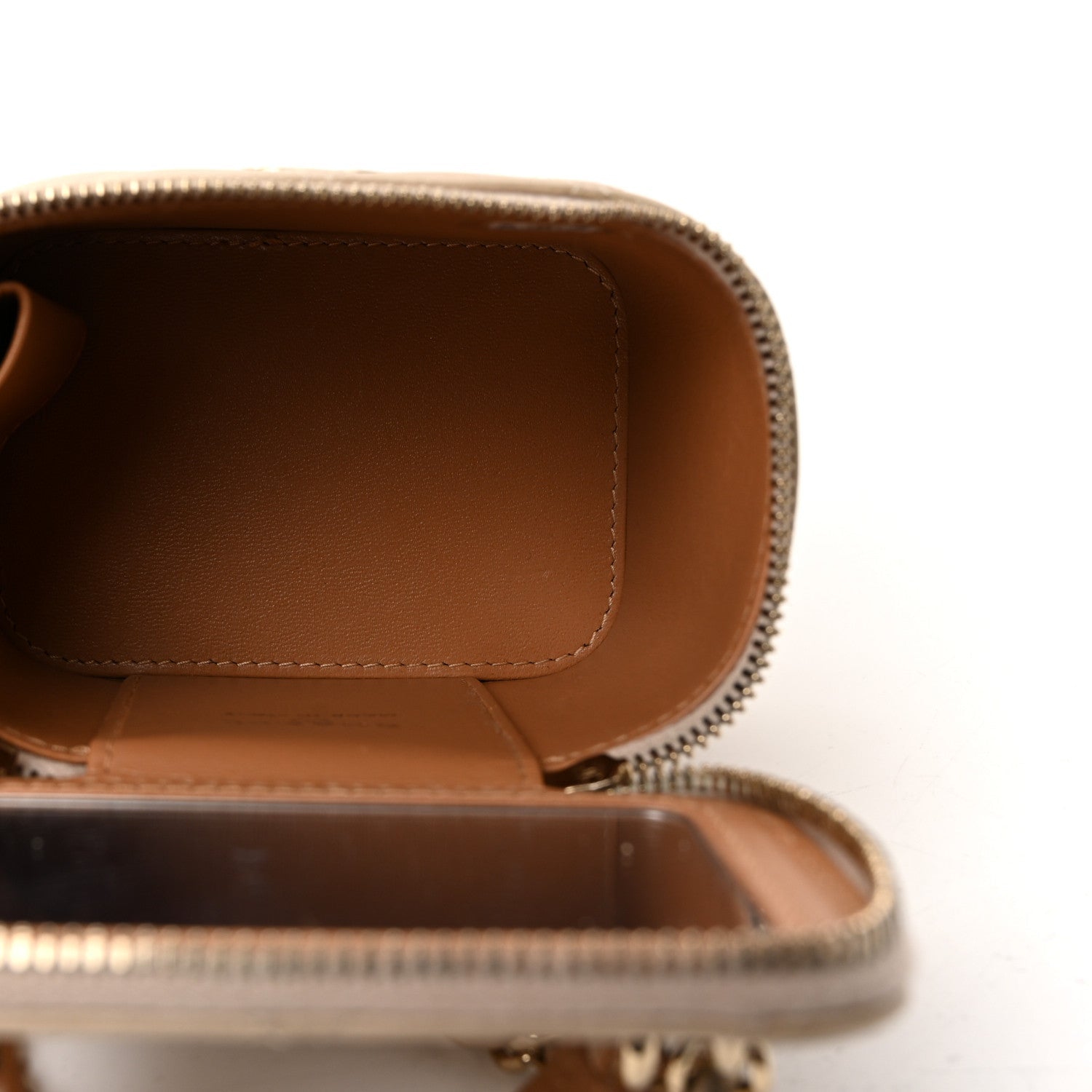 Lambskin Quilted Top Handle Mini Vanity Case With Chain Beige