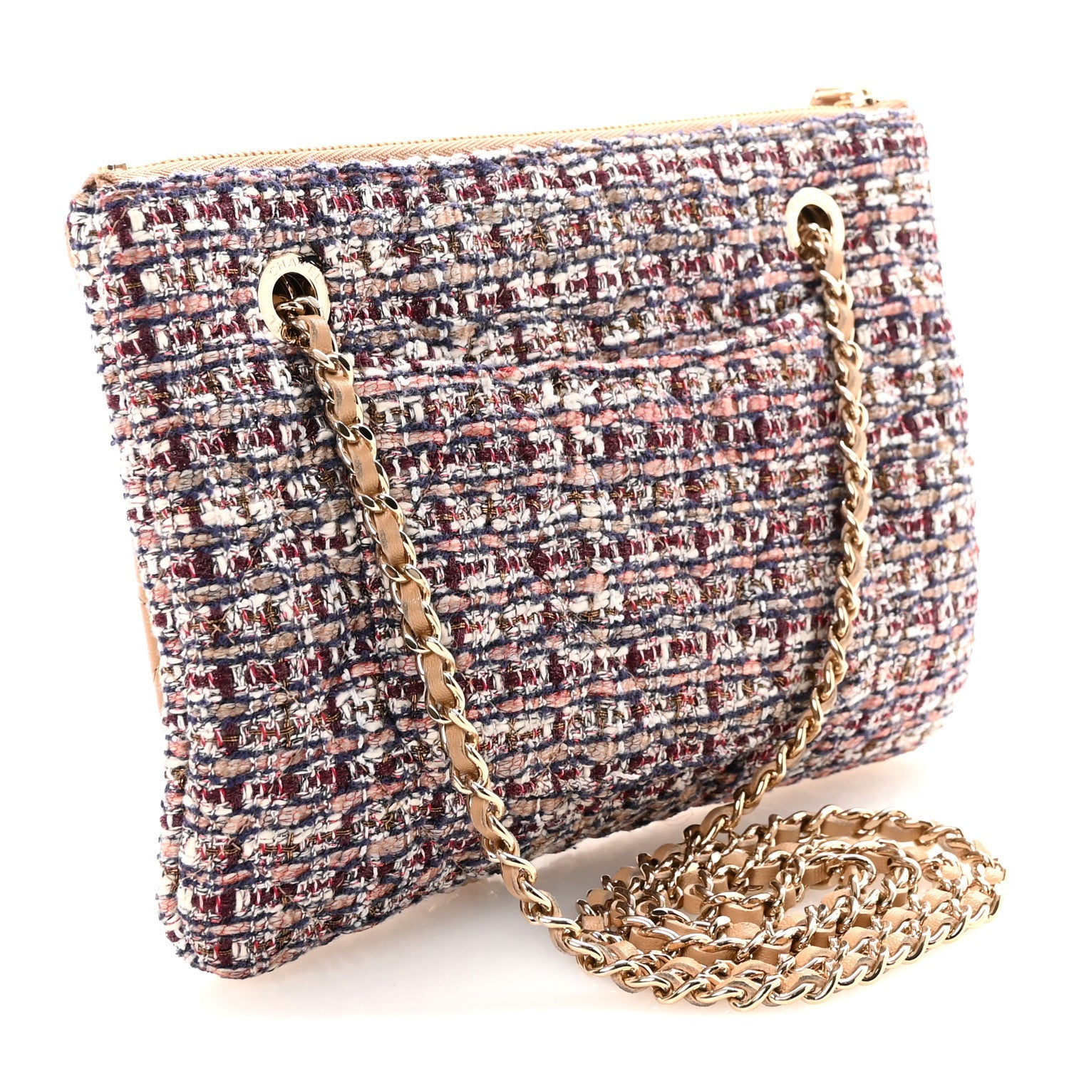 Tweed Lambskin Quilted Pouch Beige Multicolor