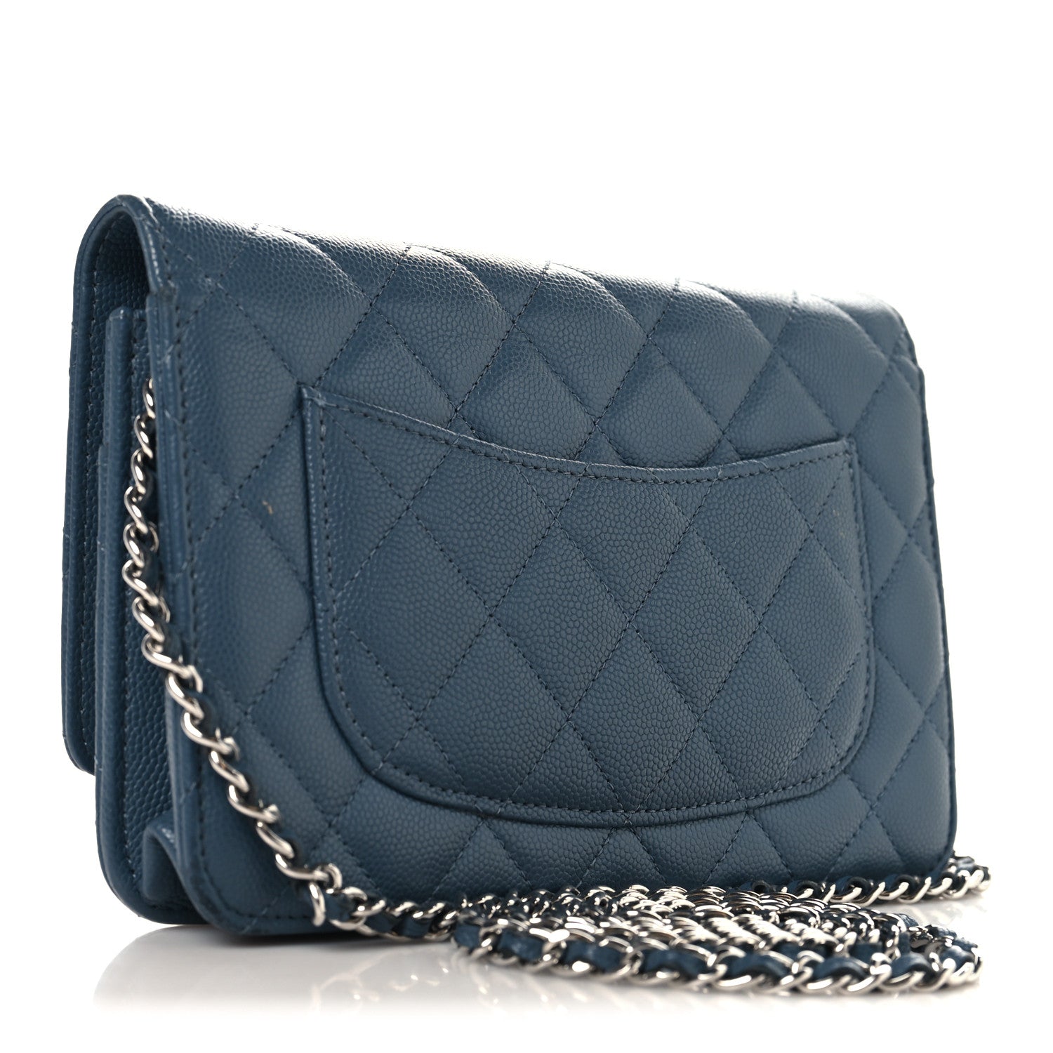Shiny Caviar Quilted Enamel CC Wallet On Chain WOC Blue