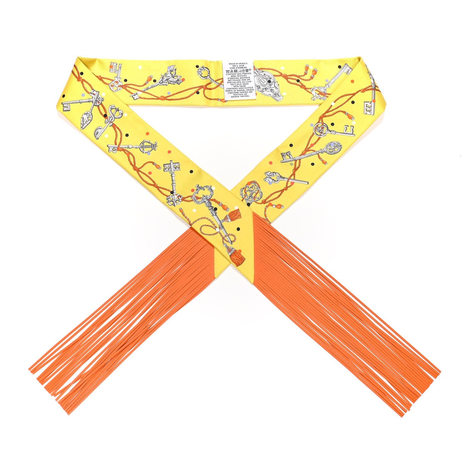 Silk Calfskin Les Cles A Pois Fringed Twilly Jaune Argent Orange Vif