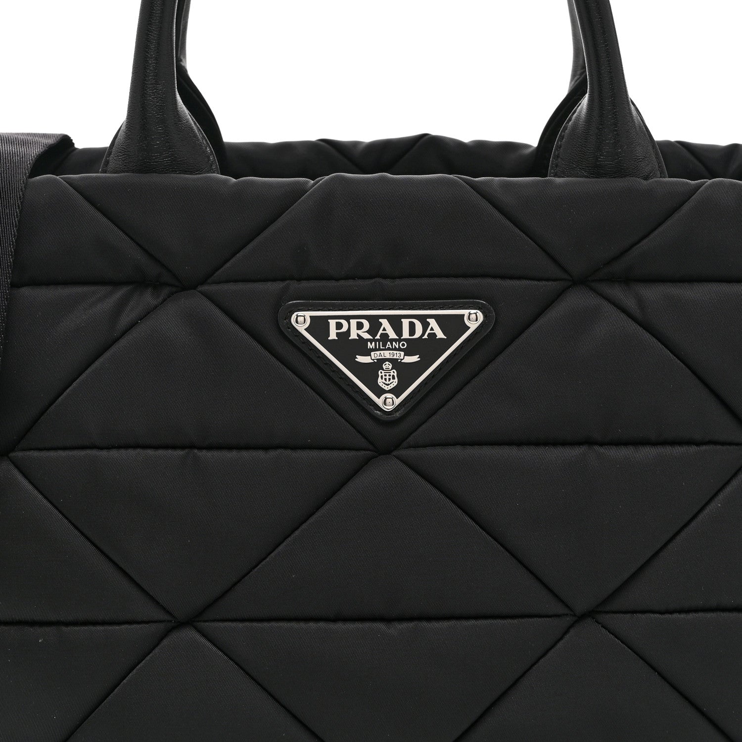 Re-Nylon Nappa Triangle Quilted Padded Small Double Handled Zip Tote Black