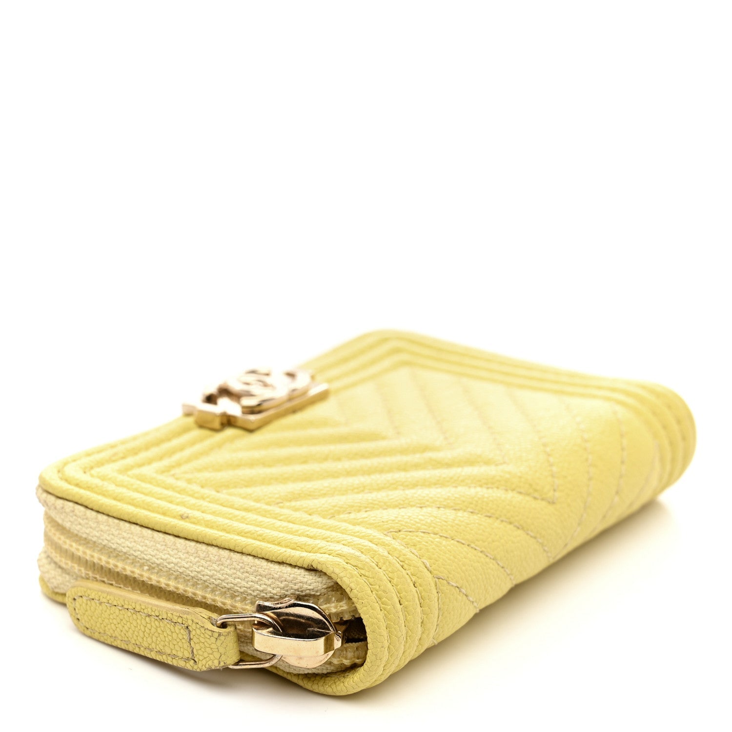 Caviar Chevron Quilted Boy Zip Around Coin Purse Wallet Yellow