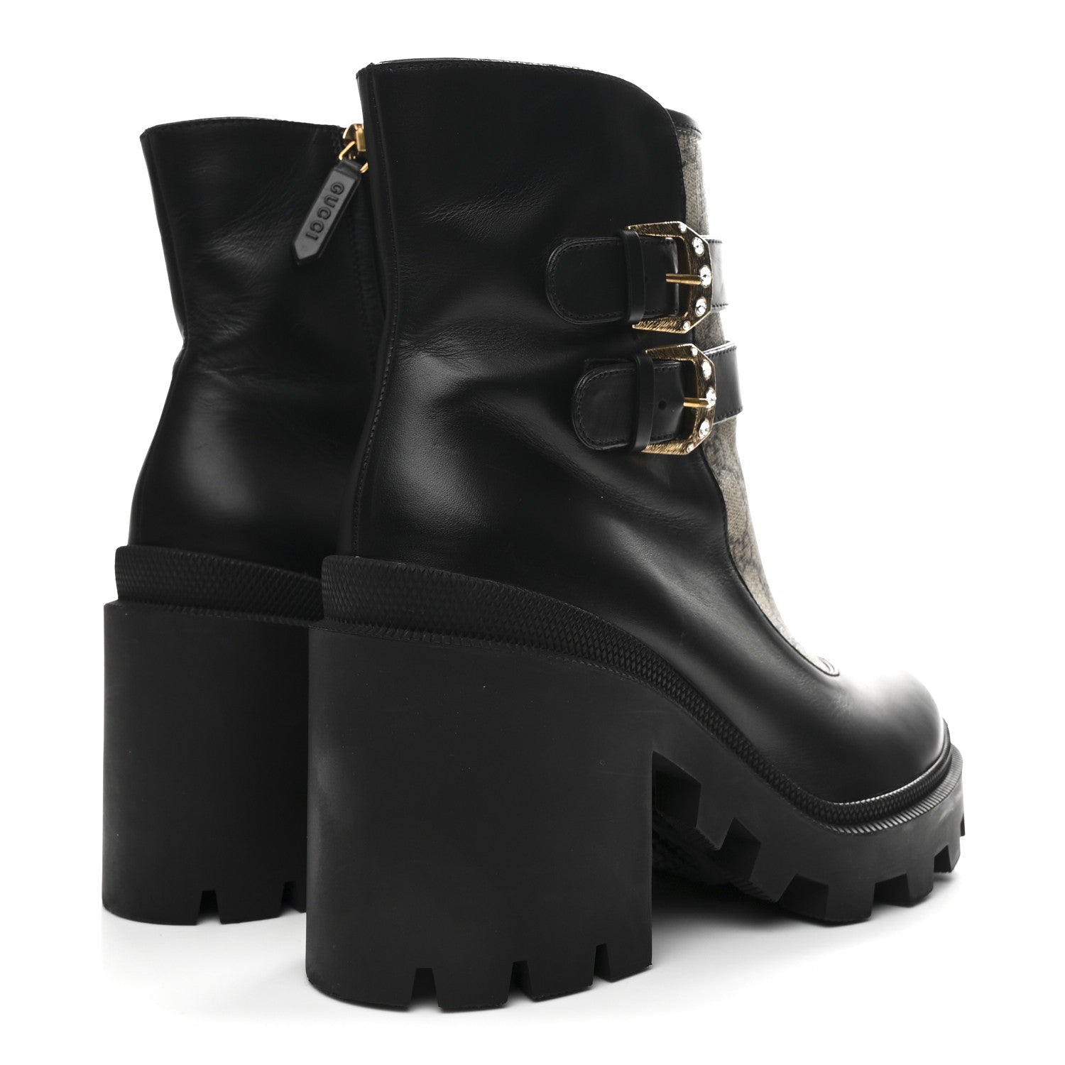 Kensington Calfskin Nappa GG Supreme Monogram Womens Double Buckle Ankle Boots 39 Black