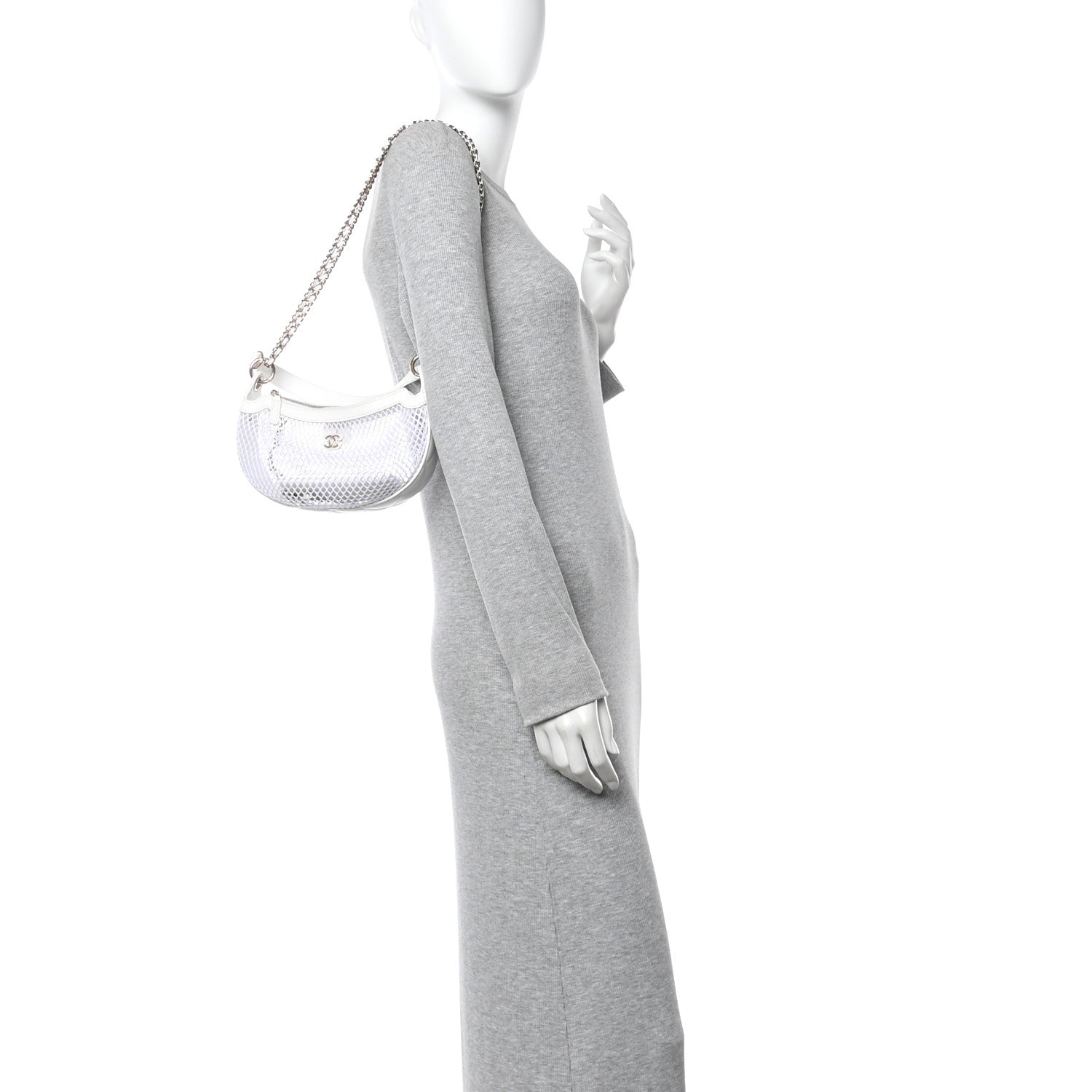 Mesh Shiny Lambskin Chain Hobo White