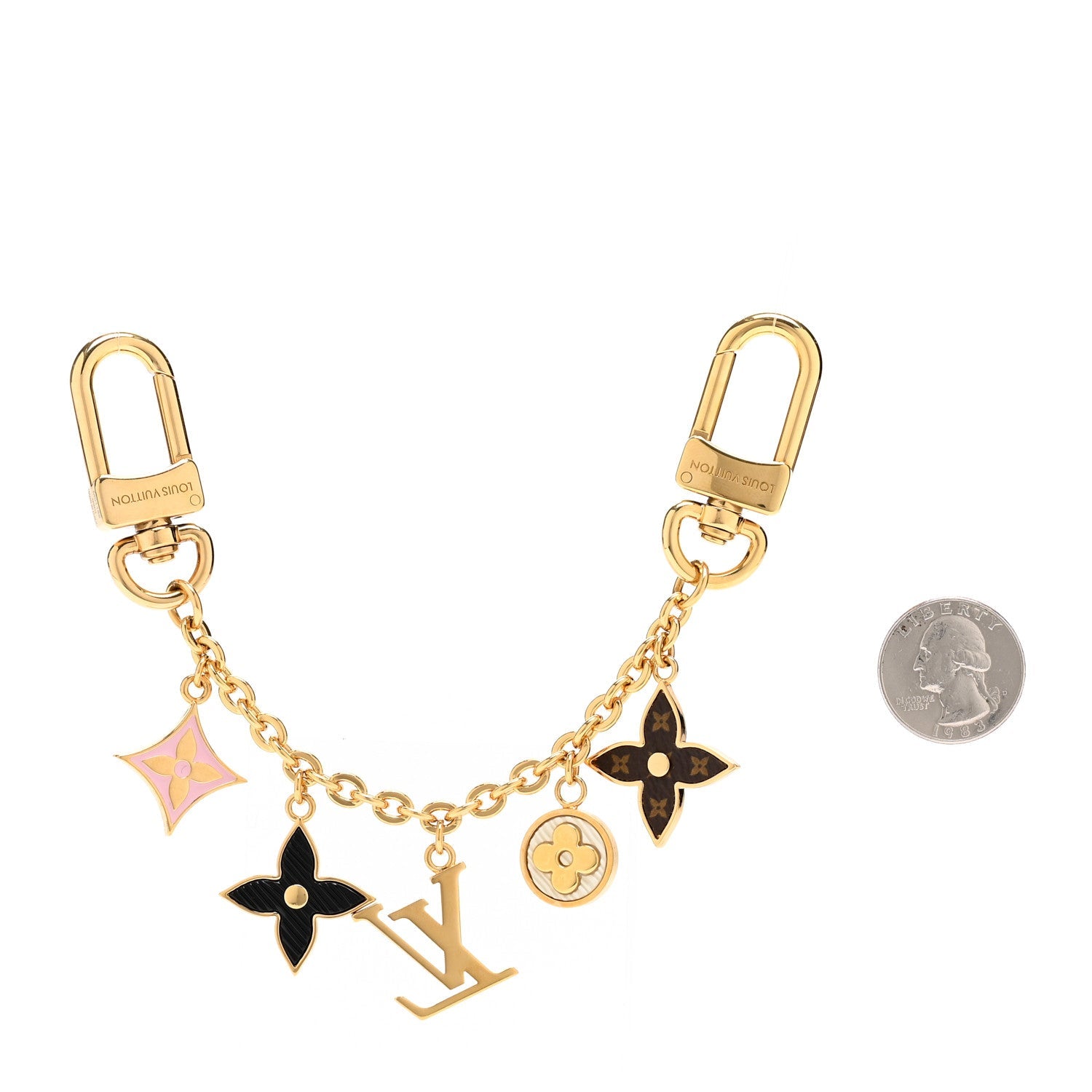 Brass Enamel Fleur De Monogram Bag Charm Chain Gold