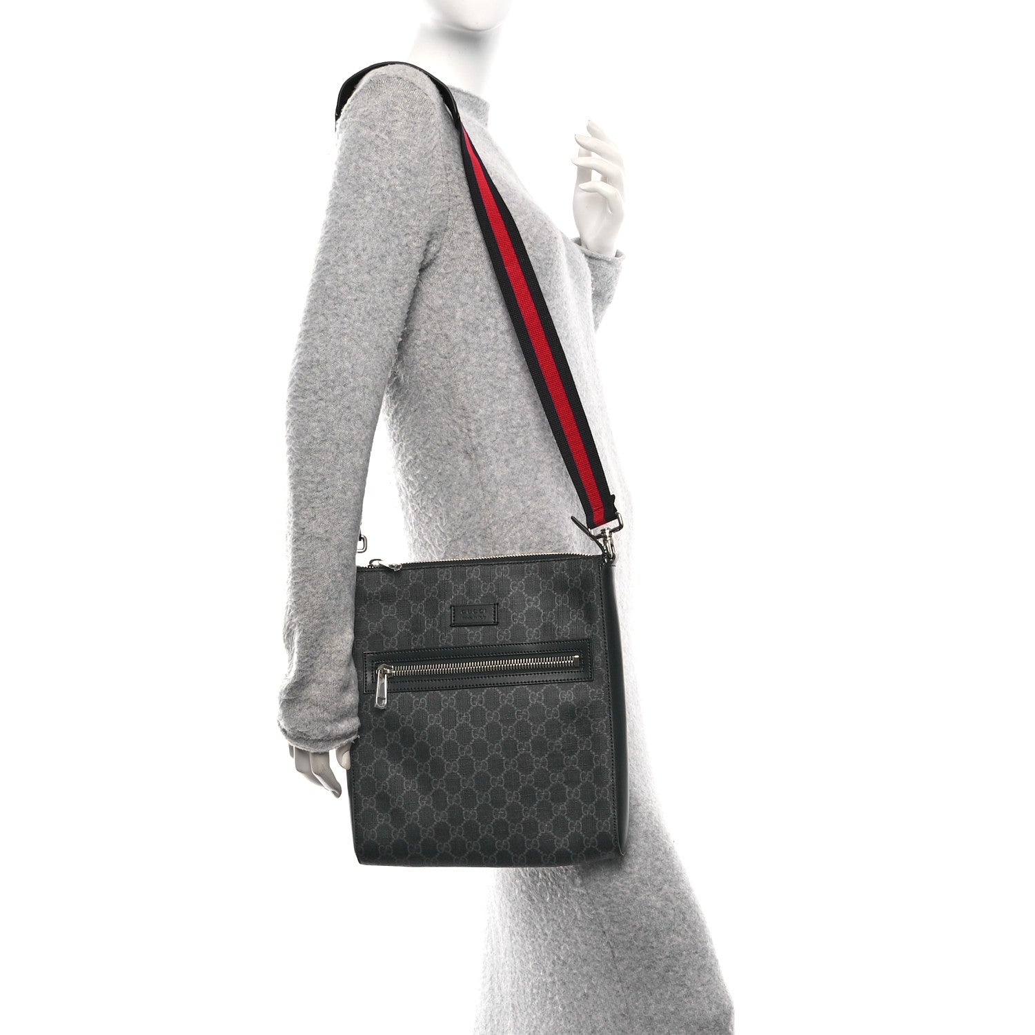 GG Supreme Monogram Appia Calfskin Web Flat Messenger Bag Black Grey