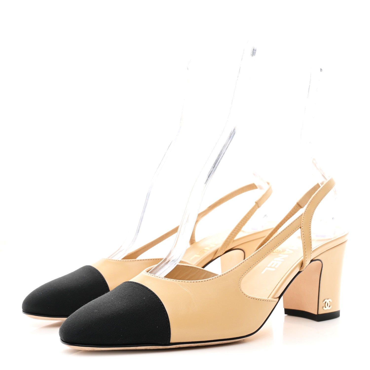 Goatskin Grosgrain Cap Toe CC Slingback Pumps 40 Beige Black