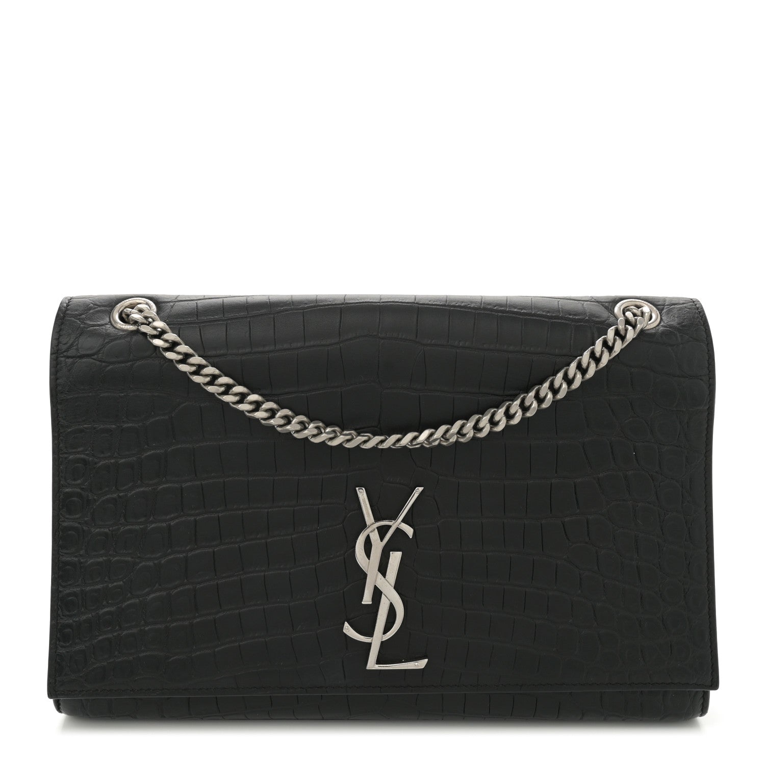 Calfskin Crocodile Embossed Large Classic Monogram Kate Satchel Black