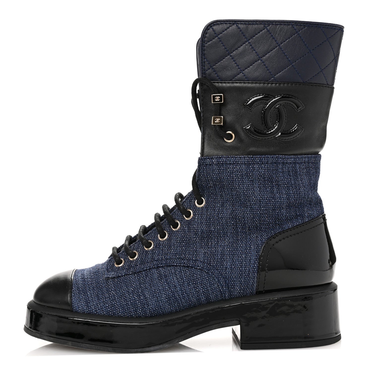 Fabric Patent Lambskin Quilted CC Lace Up Combat Boots 37 Navy Blue Black