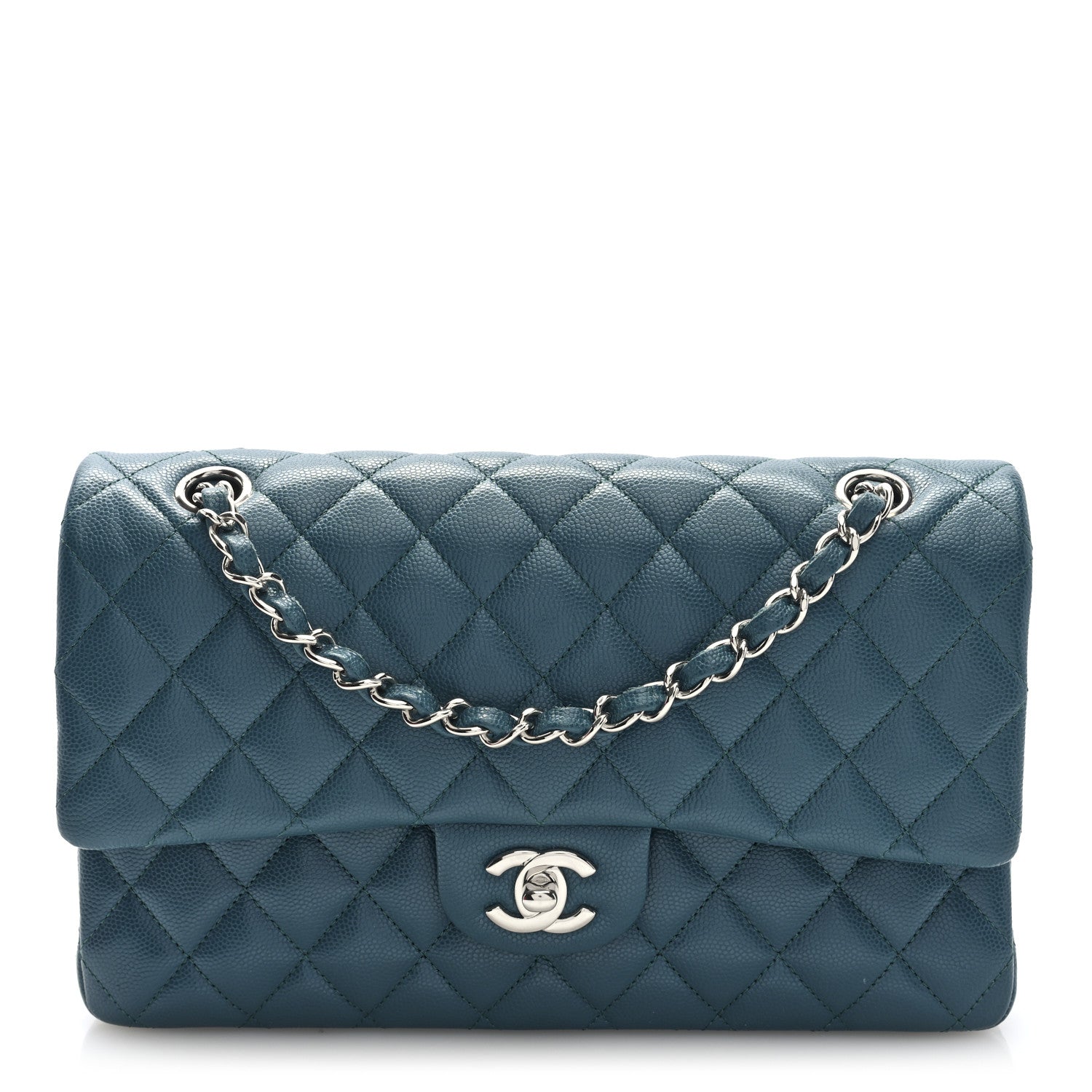 Caviar Quilted Medium Double Flap Dark Green