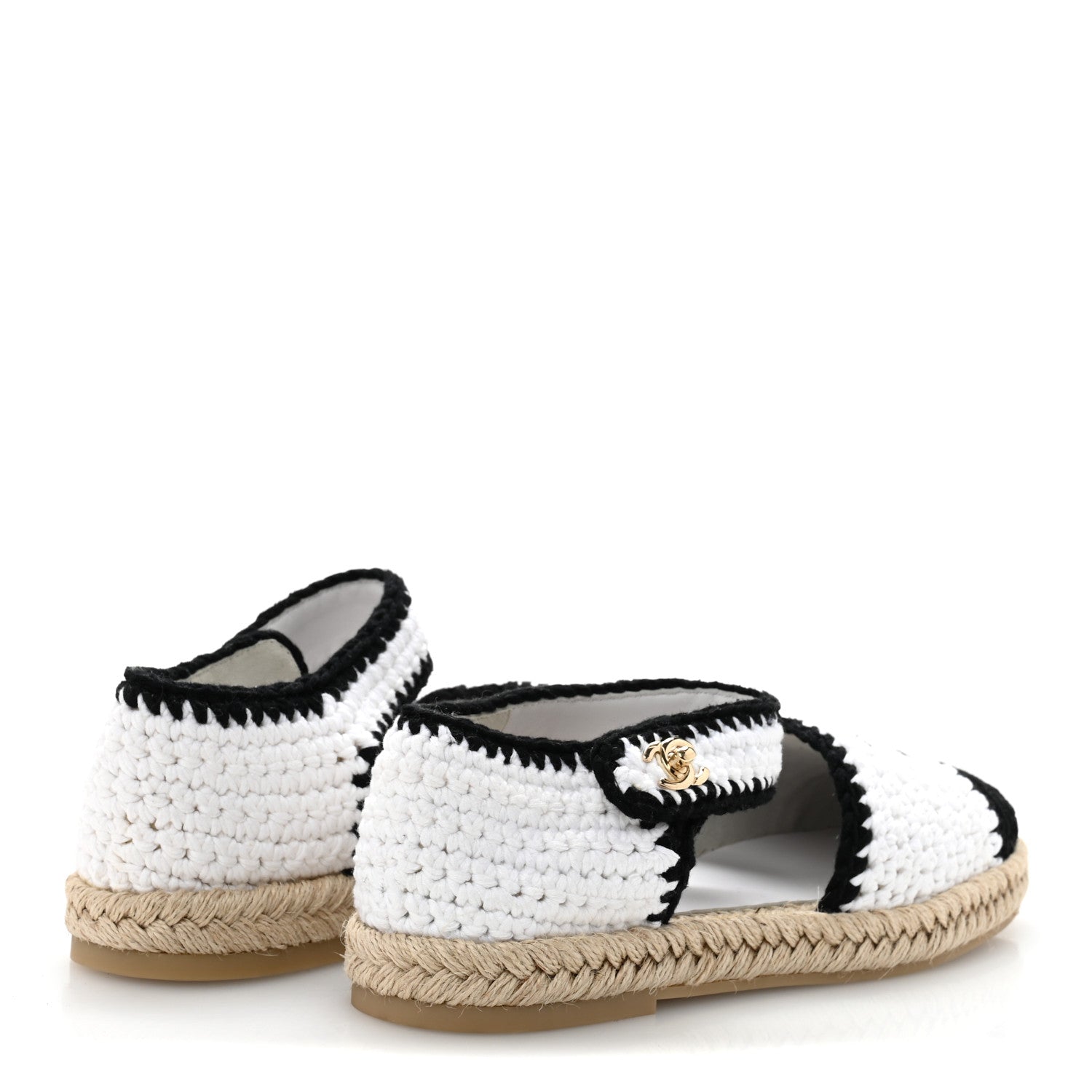 Braided Knit Cap Toe CC Ankle Strap Espadrilles 39 White Black