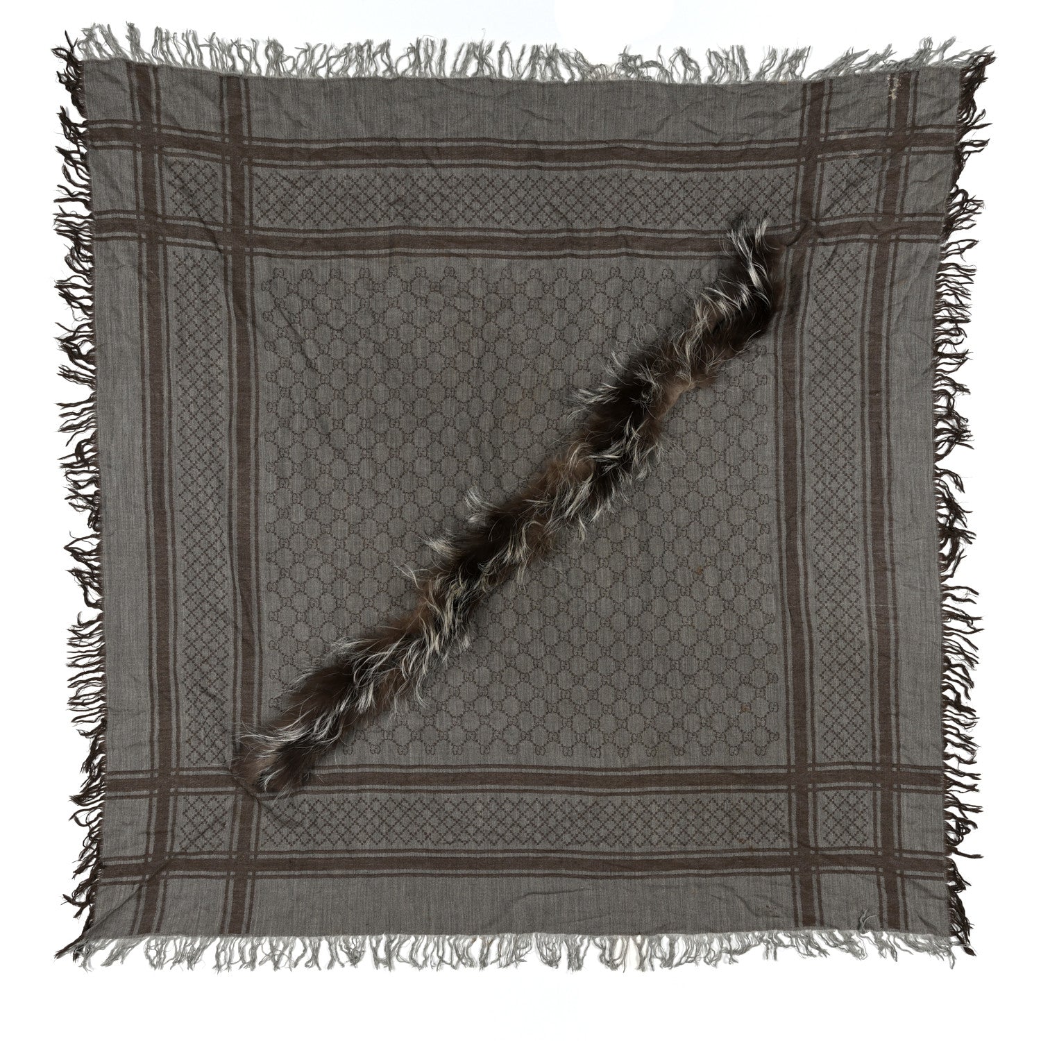 Wool Silk Fox Fur Monogram Shawl Scarf Brown