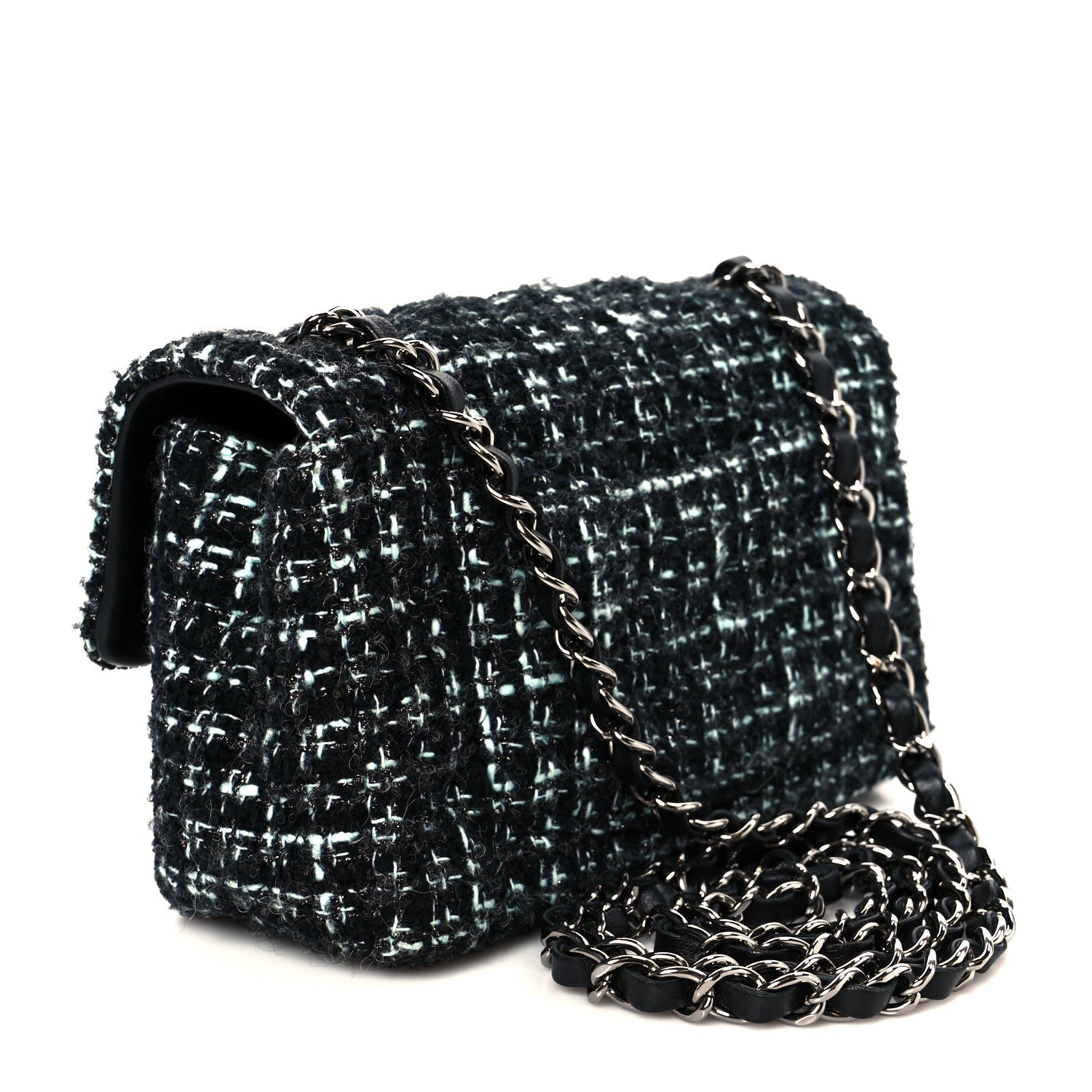 Tweed Quilted Mini Rectangular Flap Black Turquoise