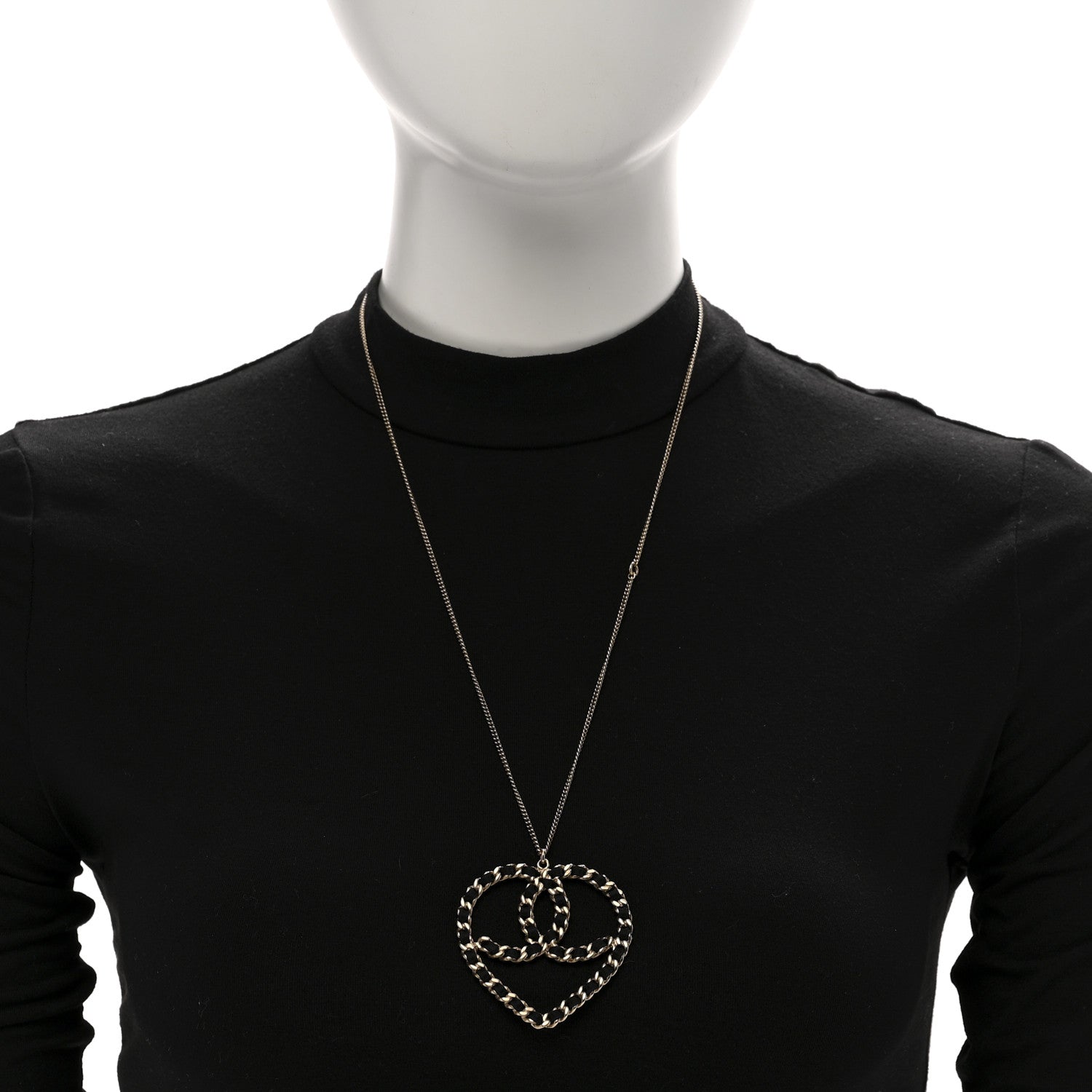Satin Metal Chain CC Heart Necklace Black Gold