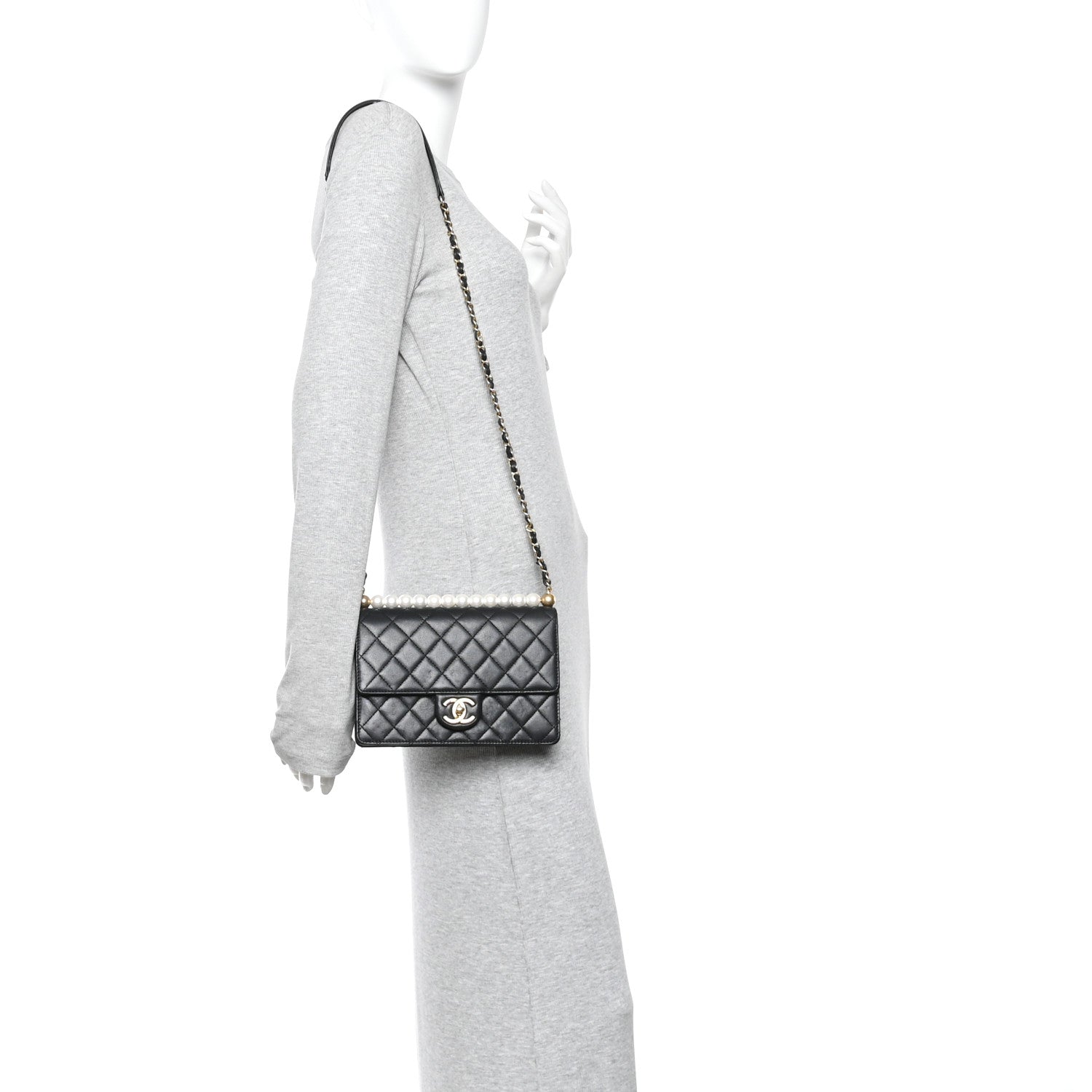 Goatskin Quilted Small Chic Pearls Flap Black