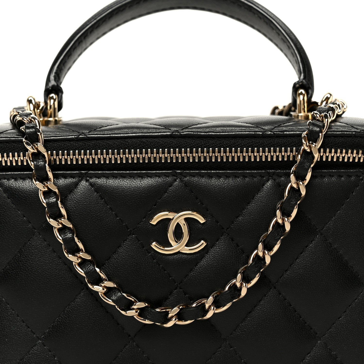 Lambskin Quilted Small Top Handle Vanity Case With Chain Black