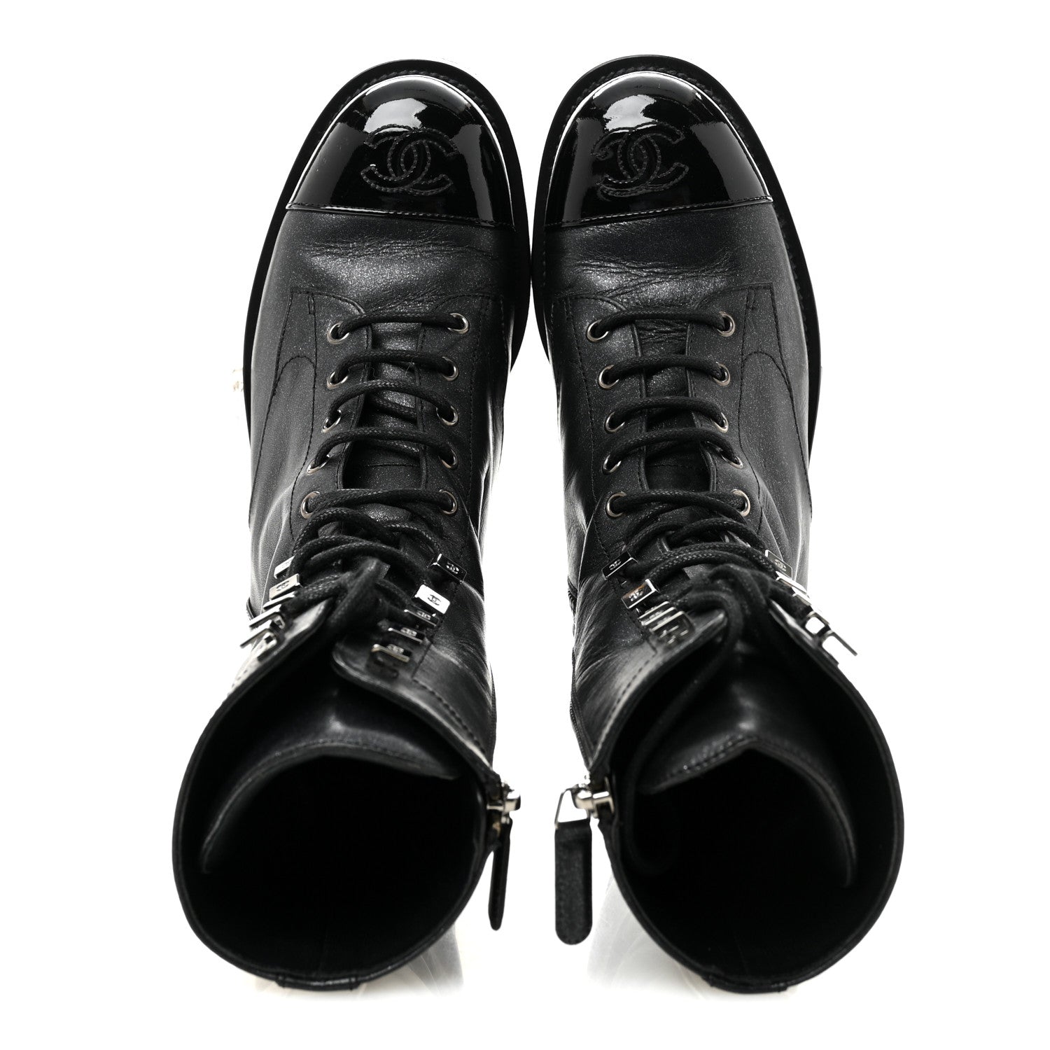 Iridescent Calfskin Patent Cap Toe Lace Up Combat Boots 38 Black