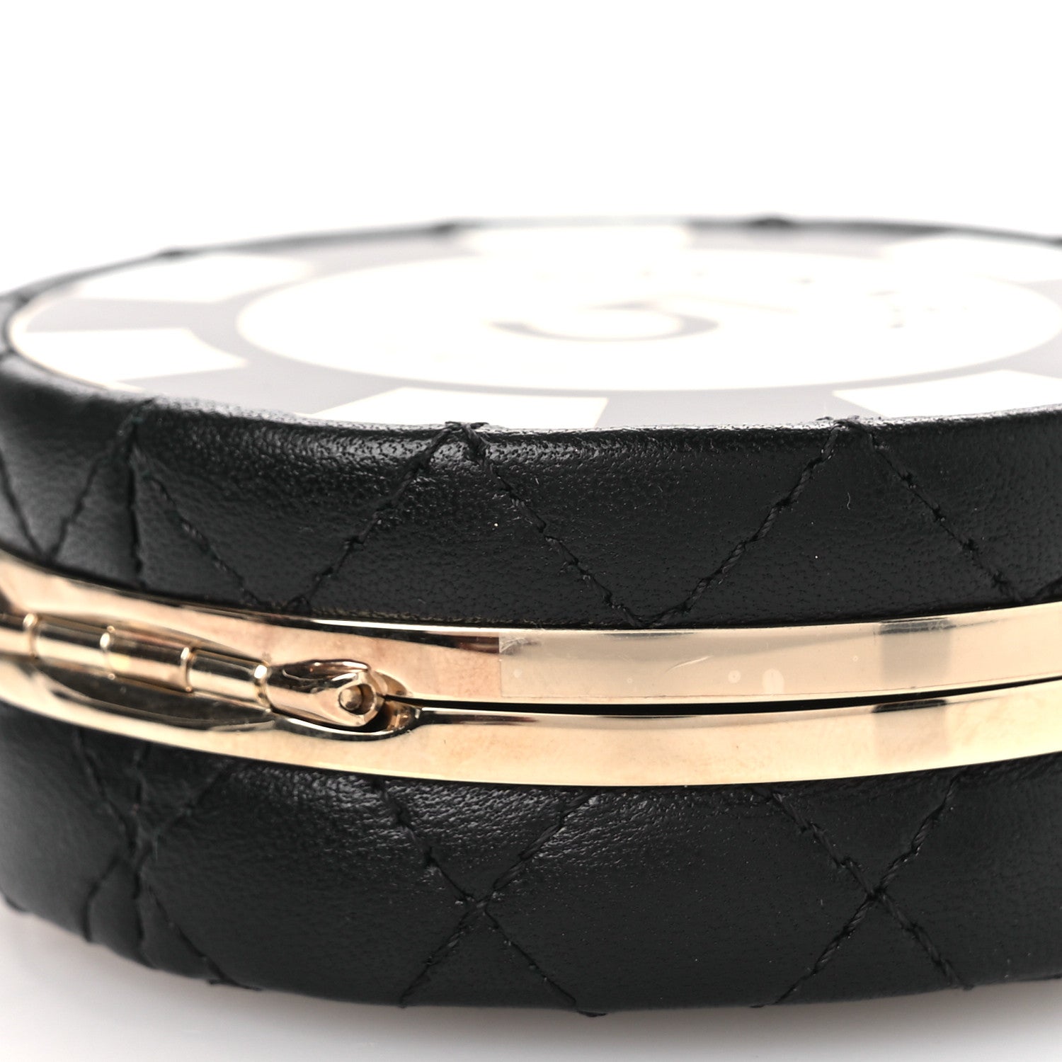 Lambskin Enamel Quilted Round Poker Chip Clutch With Chain Black White