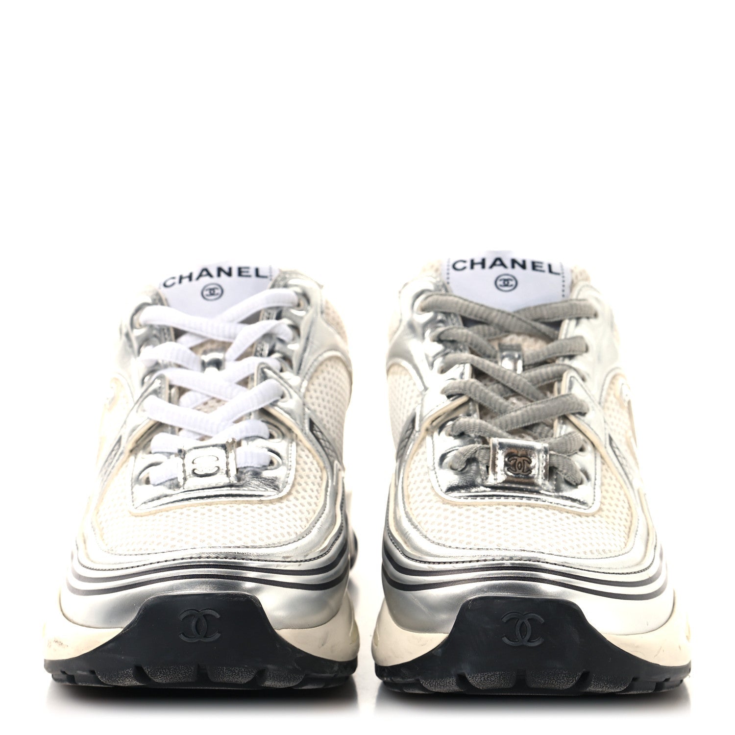 Fabric Laminated Calfskin Stretch CC Womens Sneakers 36 White Silver