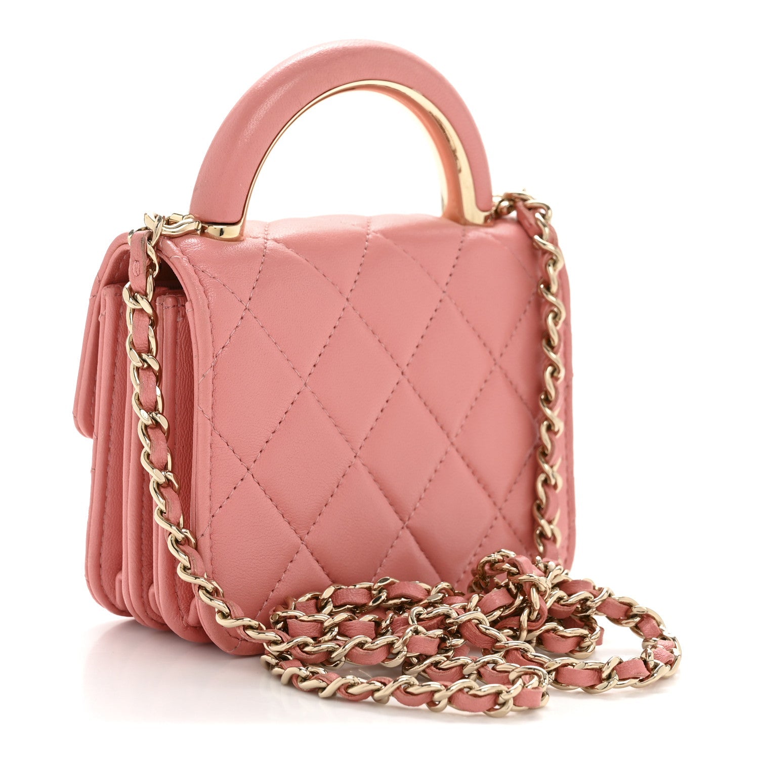 Lambskin Quilted Top Handle Flap Clutch With Chain Pink