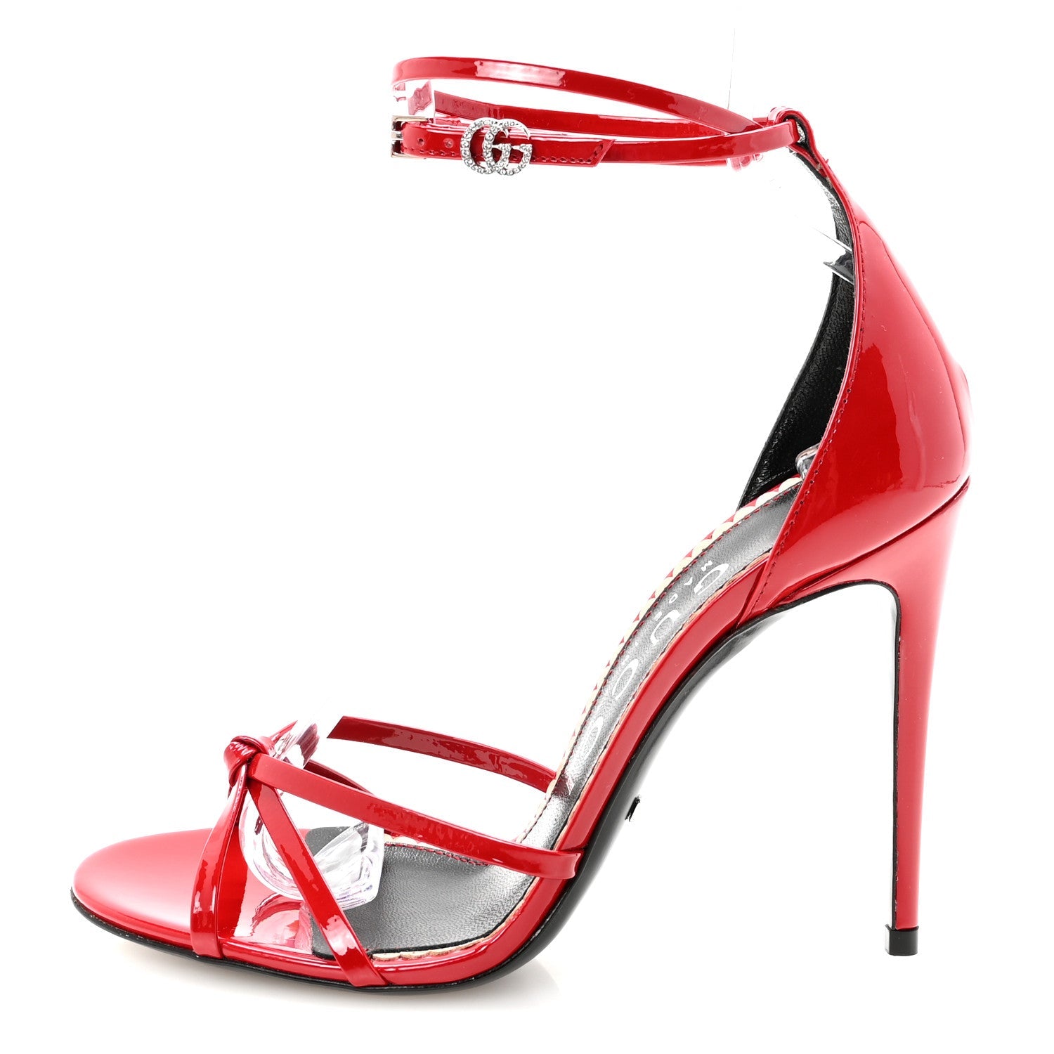 Patent Crystal Double G Ankle Wrap Sandals 37 Red