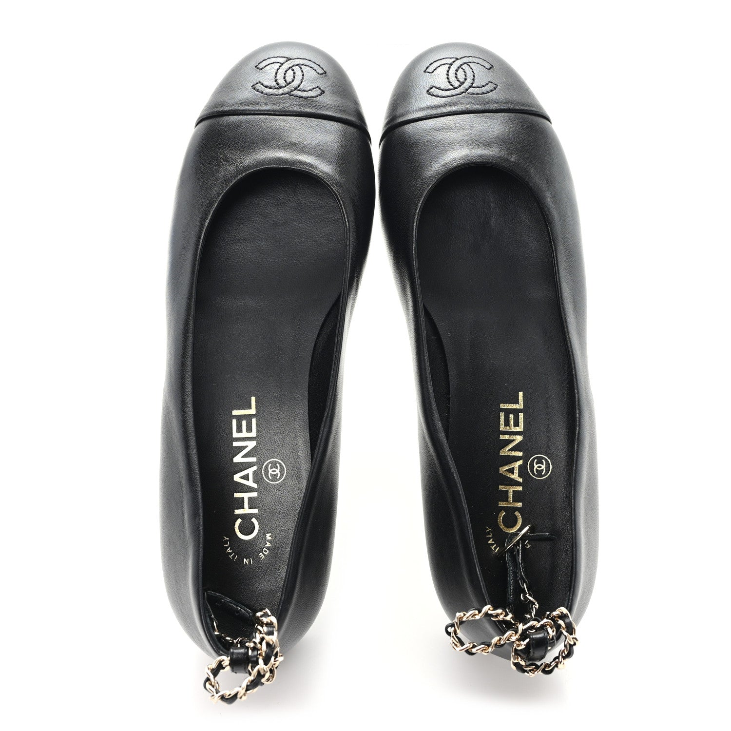 Lambskin Cap Toe CC Ankle Chain Ballerina Flats 36.5 Black