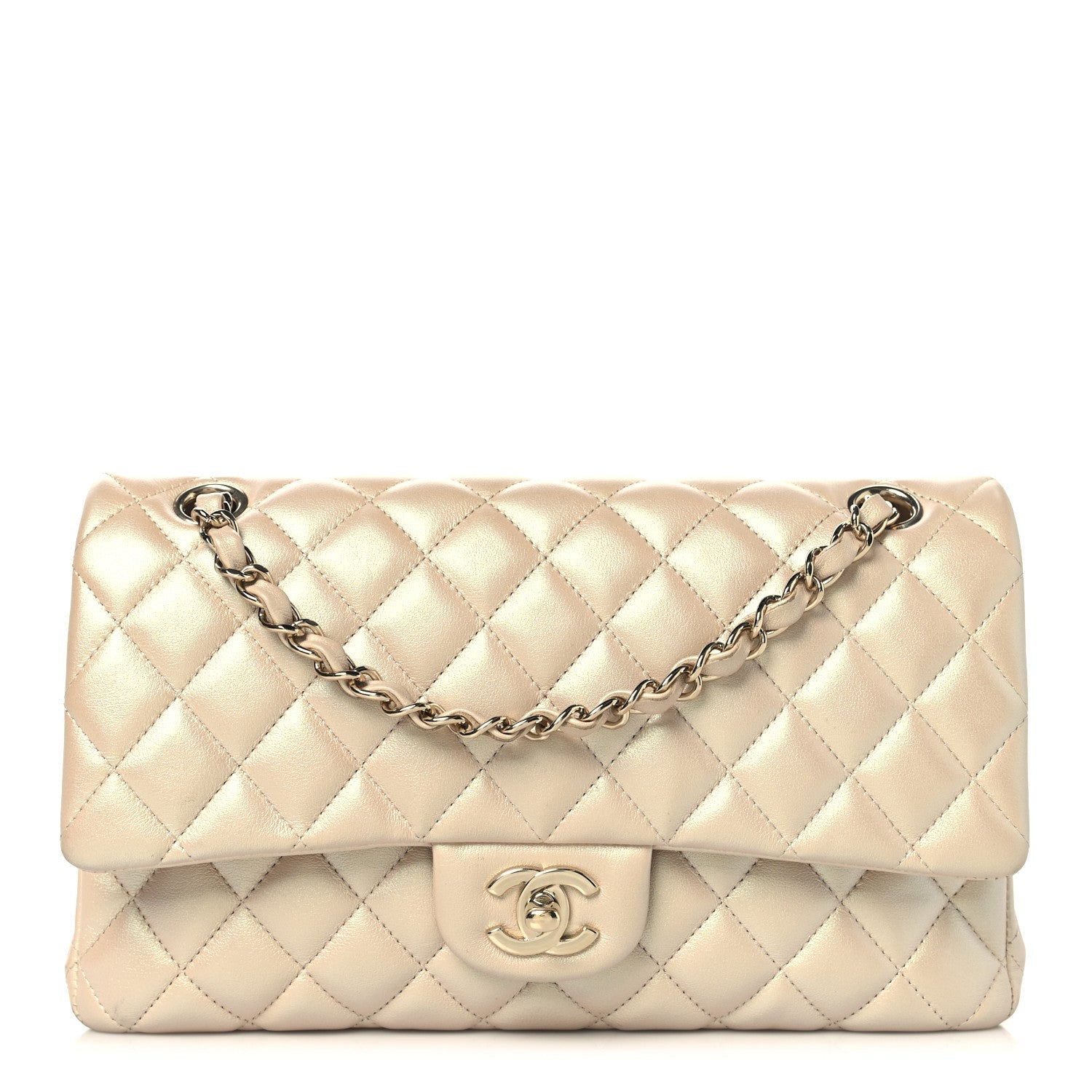 Iridescent Caviar Quilted Medium Double Flap Beige